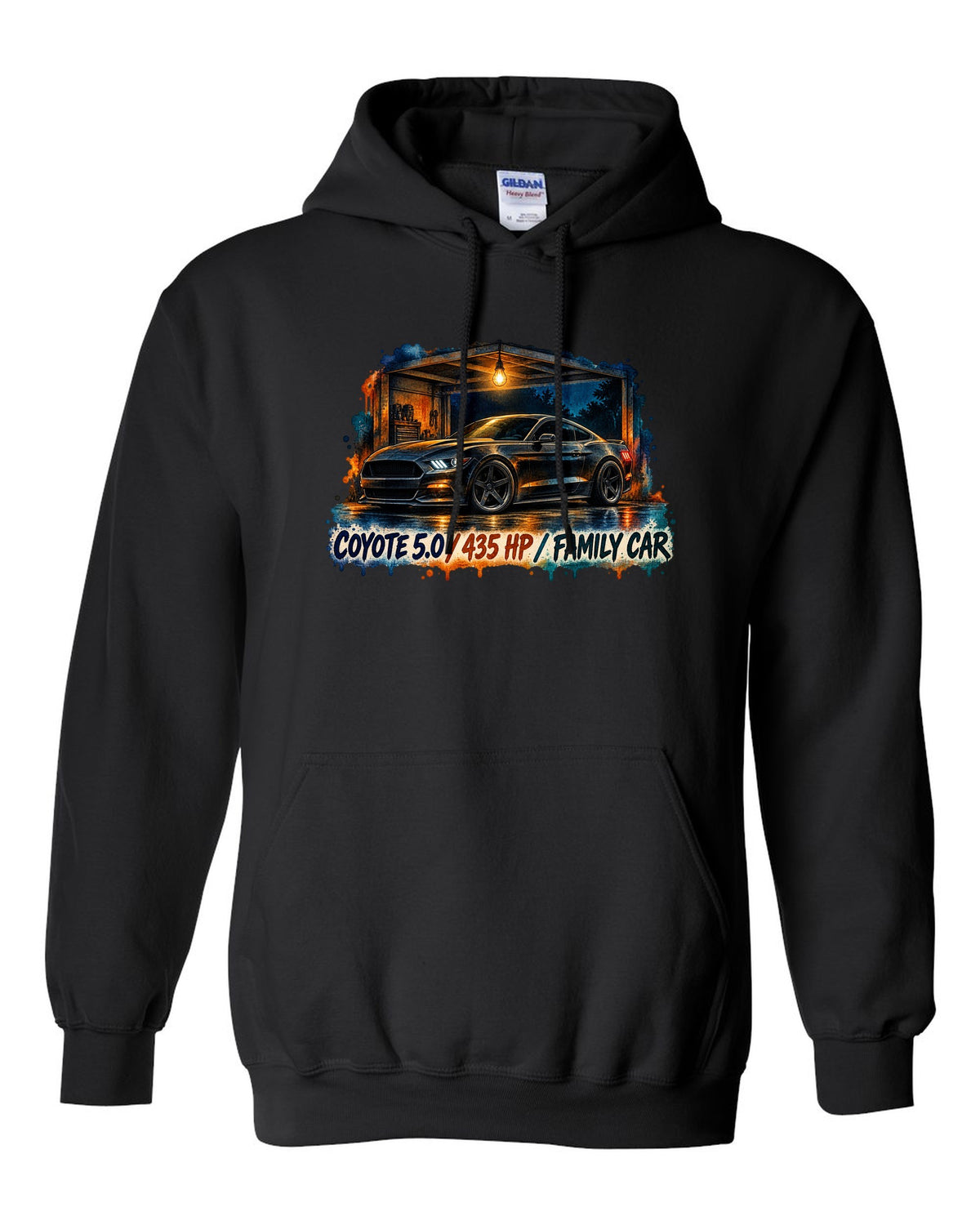 Watercolour night print of a Ford Mustang S550 GT with Coyote 5.0 435 HP family car text black pull over hoodie front view with the design
