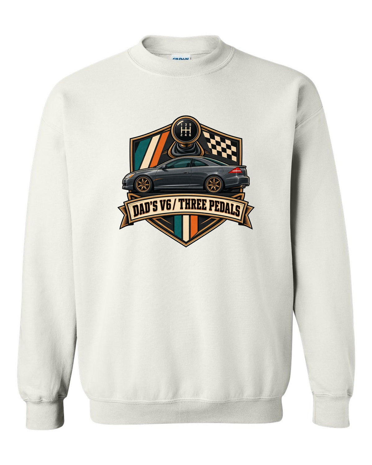 Crest layout print for the Honda Accord V6 Coupe with three pedals text white crewneck front view with the design