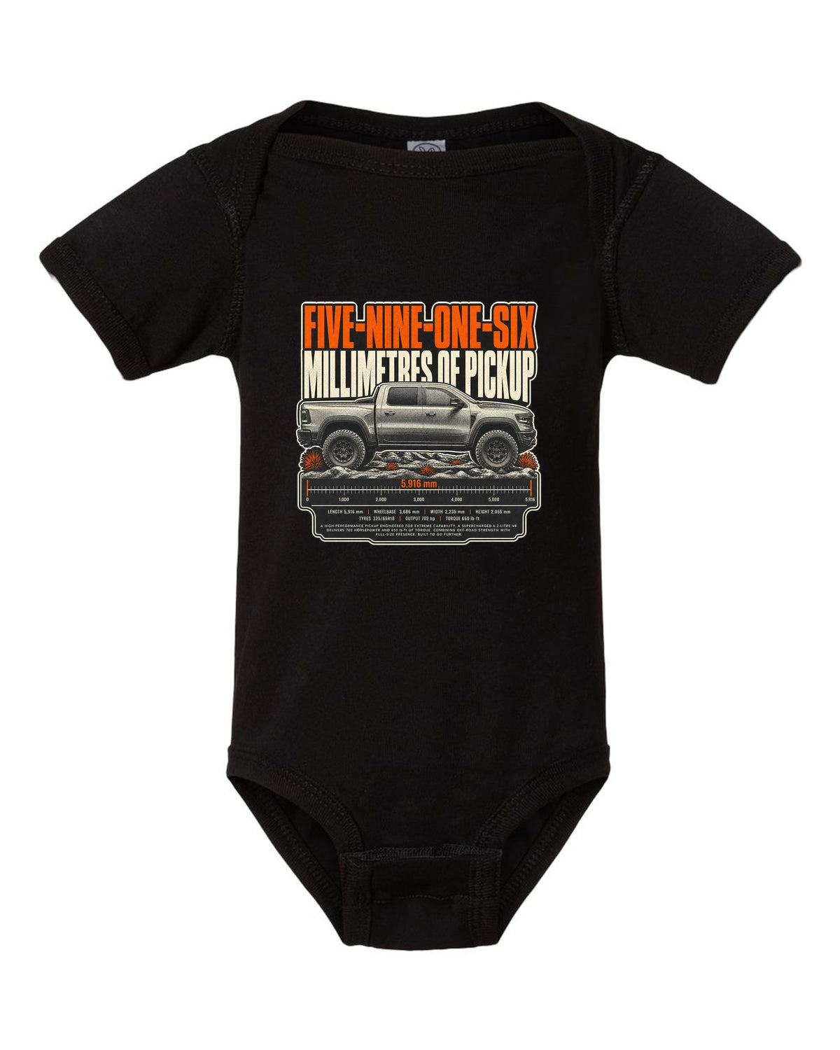 Ram 1500 TRX halftone print with 5916 millimetres text black baby onesie front view with the design