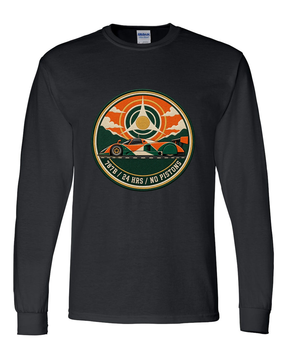 Varsity crest print of the Mazda 787B with 24 hrs and no pistons lettering black long sleeve front view with the design