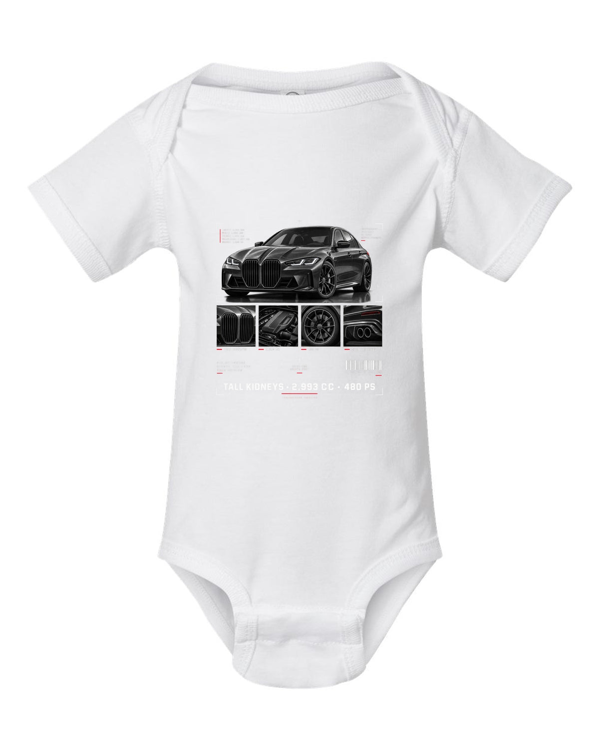 BMW G80 M3 dossier panel print with tall kidneys 2,993 cc and 480 PS white baby onesie front view with the design