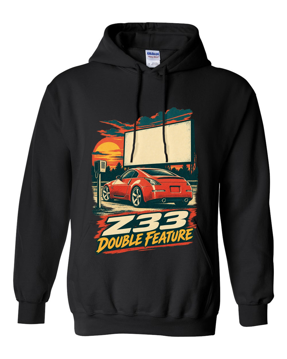 Vintage lithograph race poster print of a Nissan 350Z Z33 at a drive-in black pull over hoodie front view with the design