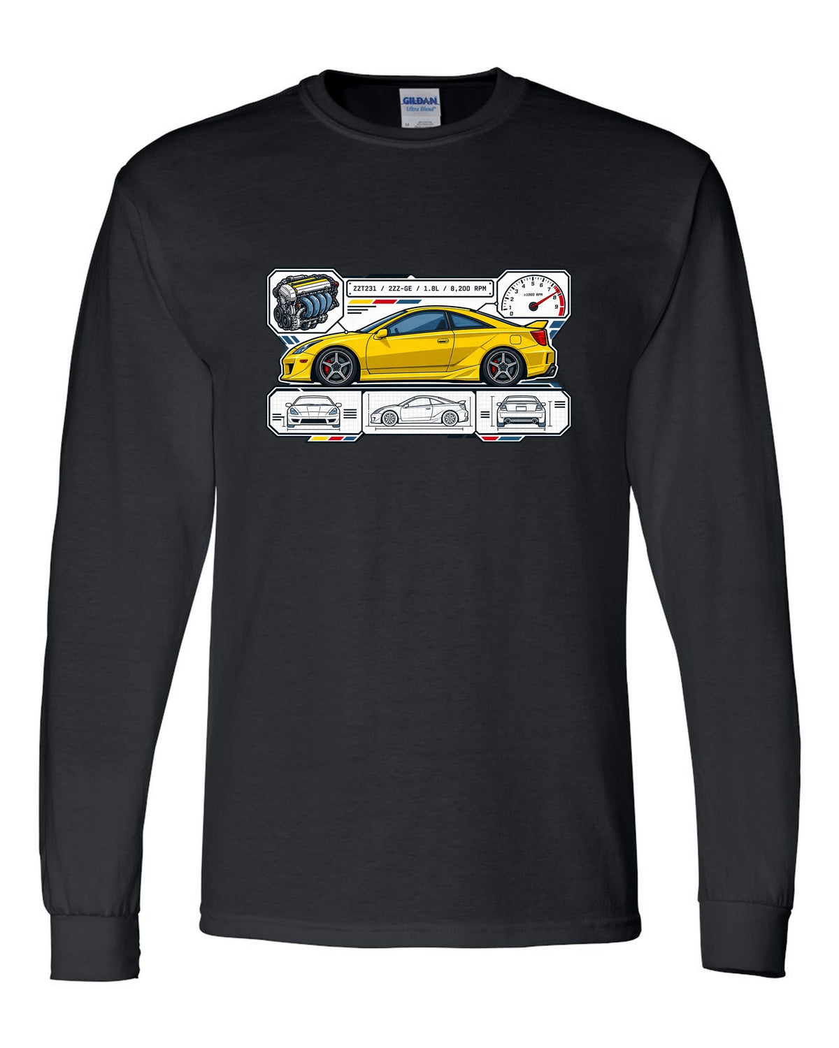 Spec sheet data plate for a Toyota Celica ZZT231 listing 2ZZ-GE, 1.8L and 8,200 RPM black long sleeve front view with the design