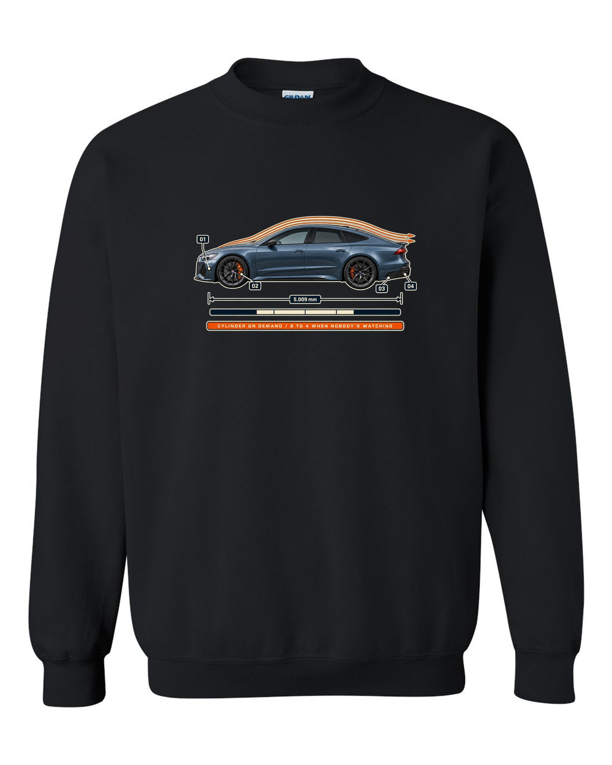 Aero callout print of an Audi RS7 Sportback C8 with cylinder on demand caption black crewneck front view with the design