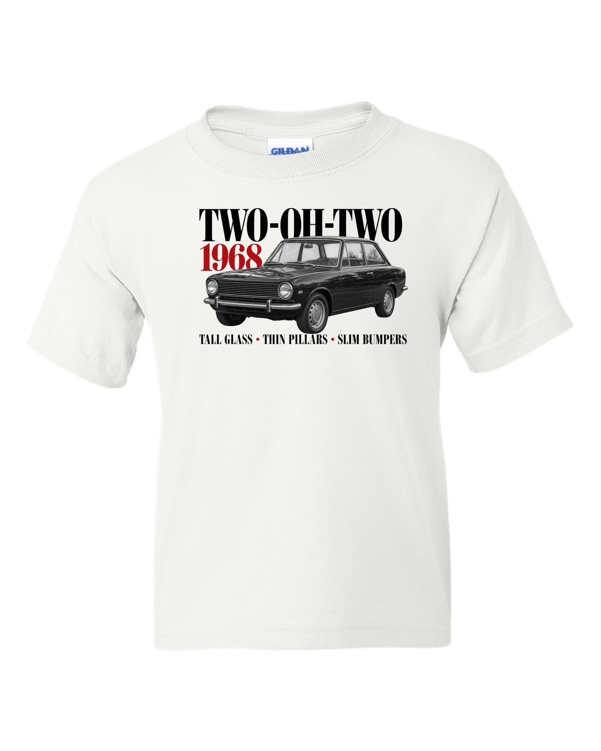 BMW 2002 editorial print with Two-Oh-Two 1968 headline and design details white kids tee front view with the design