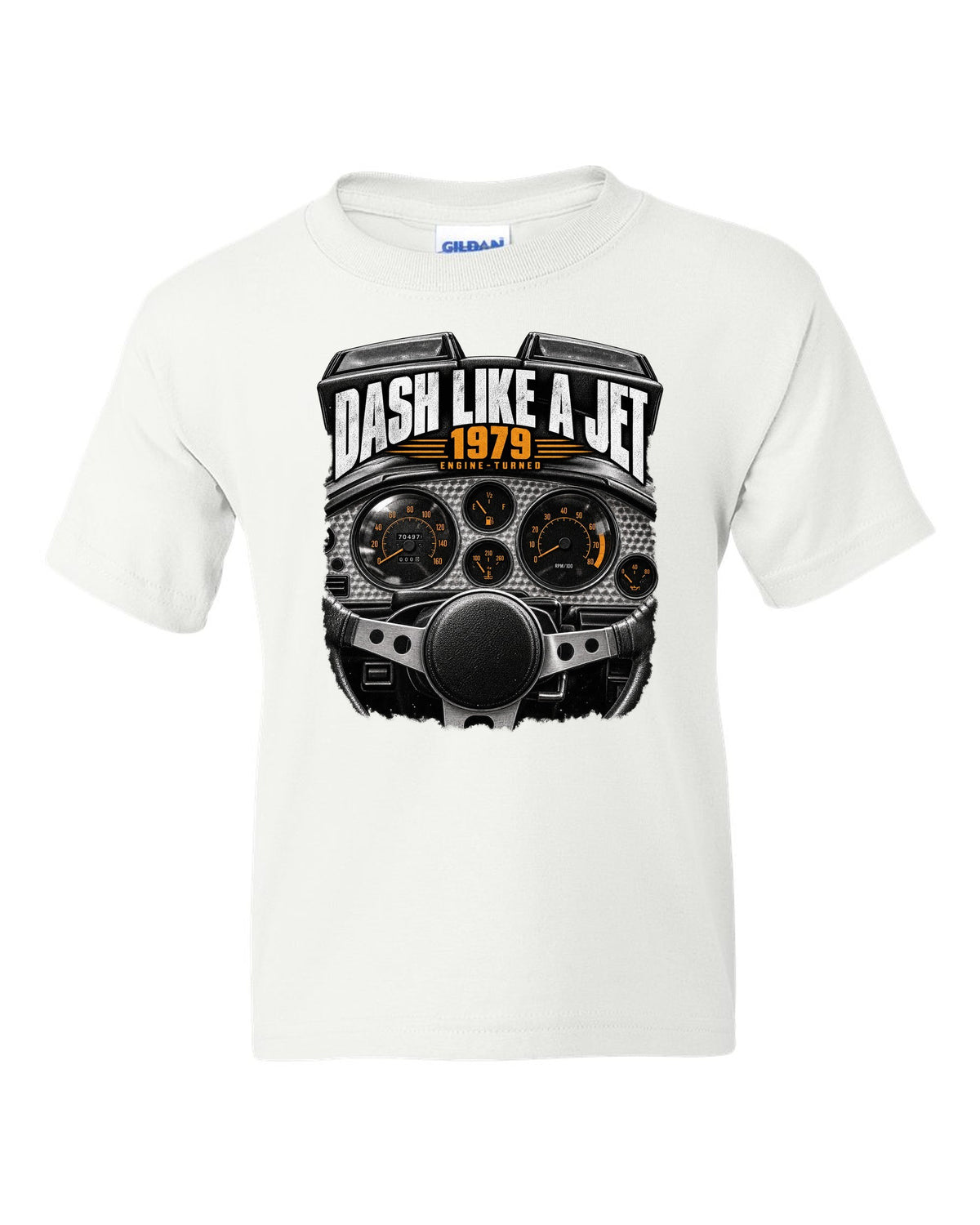 print of a 1979 Pontiac Firebird cockpit with engine-turned dash panel white kids tee front view with the design