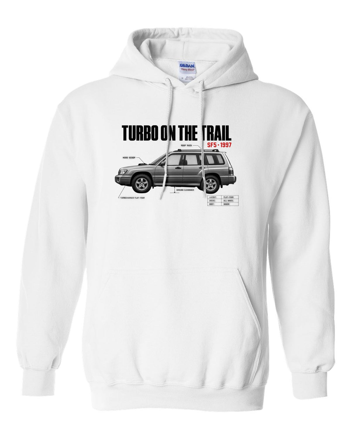 Spec poster print for the Subaru Forester SF5 reading Turbo on the Trail with hood scoop and roof rack details white pull over hoodie front view with the design