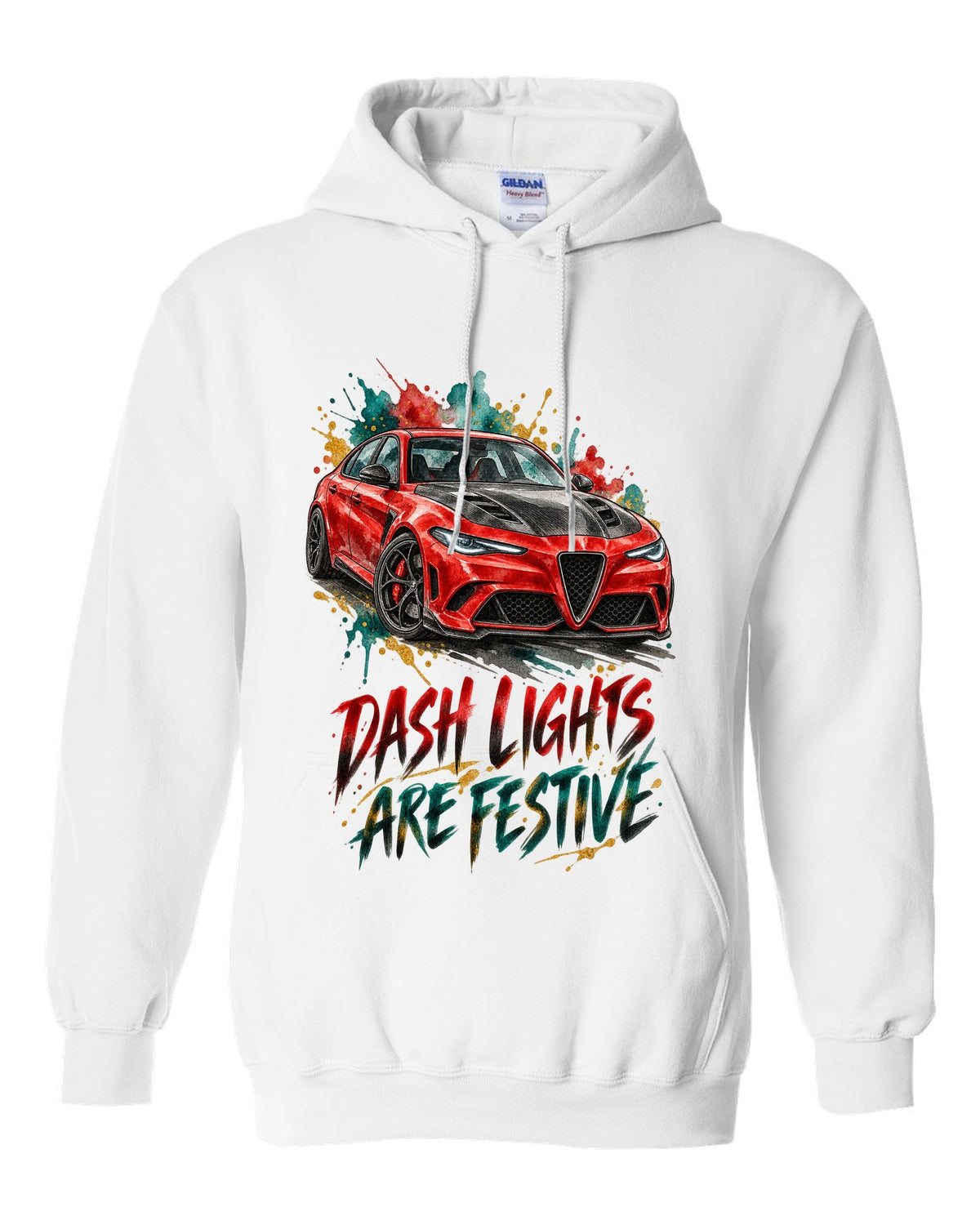 Watercolour ink illustration of an Alfa Romeo Giulia Quadrifoglio 952 with dash lights text on a tee back white pull over hoodie front view with the design