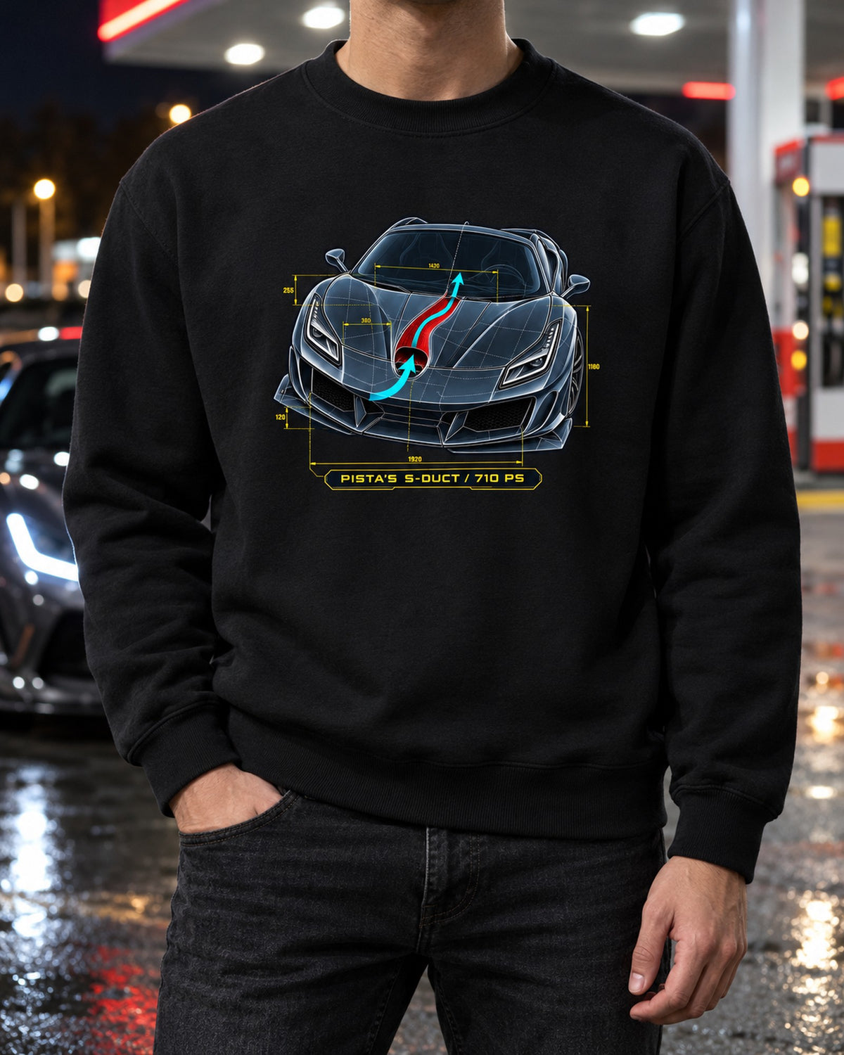 S-Duct Blueprint Tee for Ferrari F8 Tributo Owners Crewneck Black worn hero