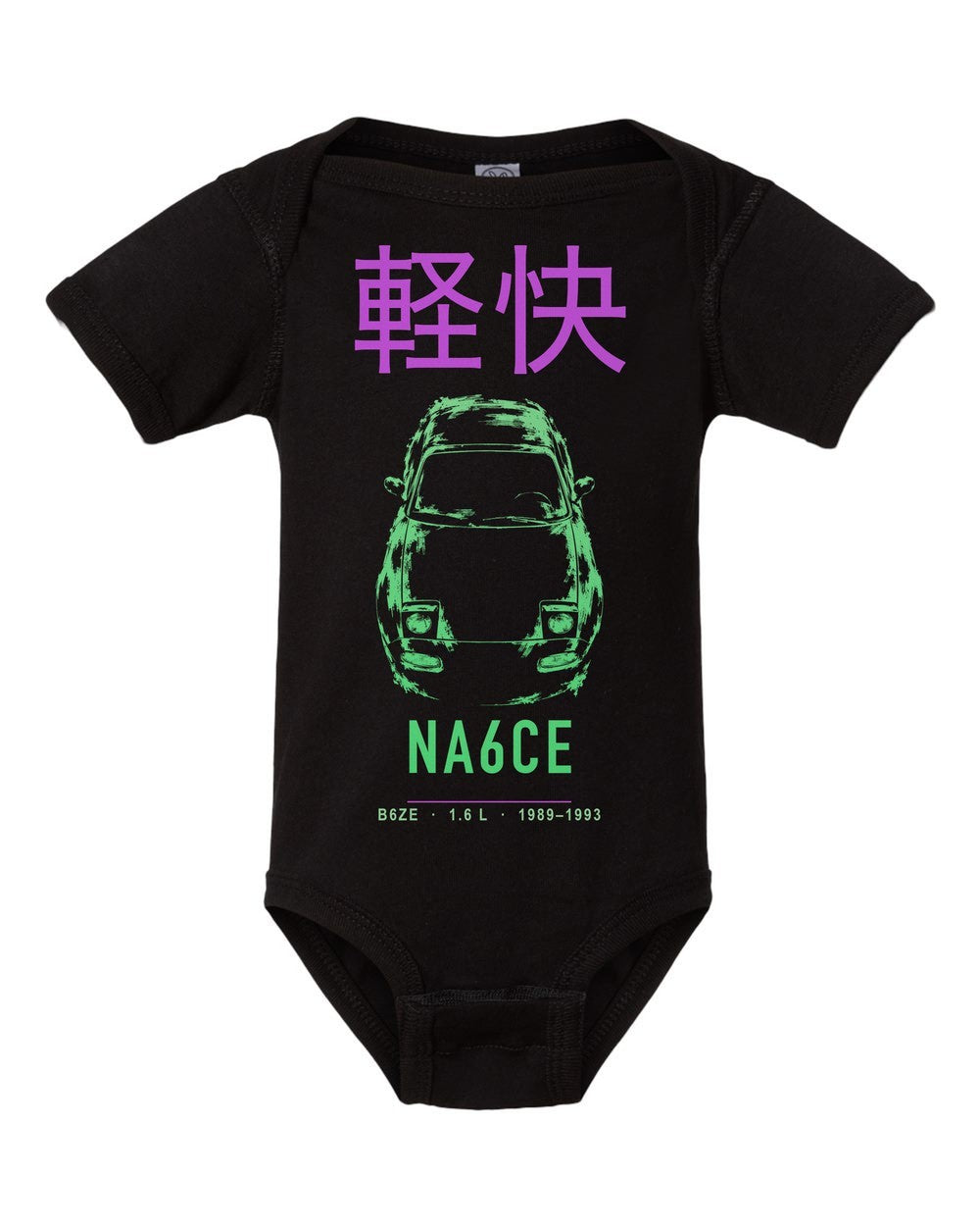 NA6CE artwork black baby onesie front view