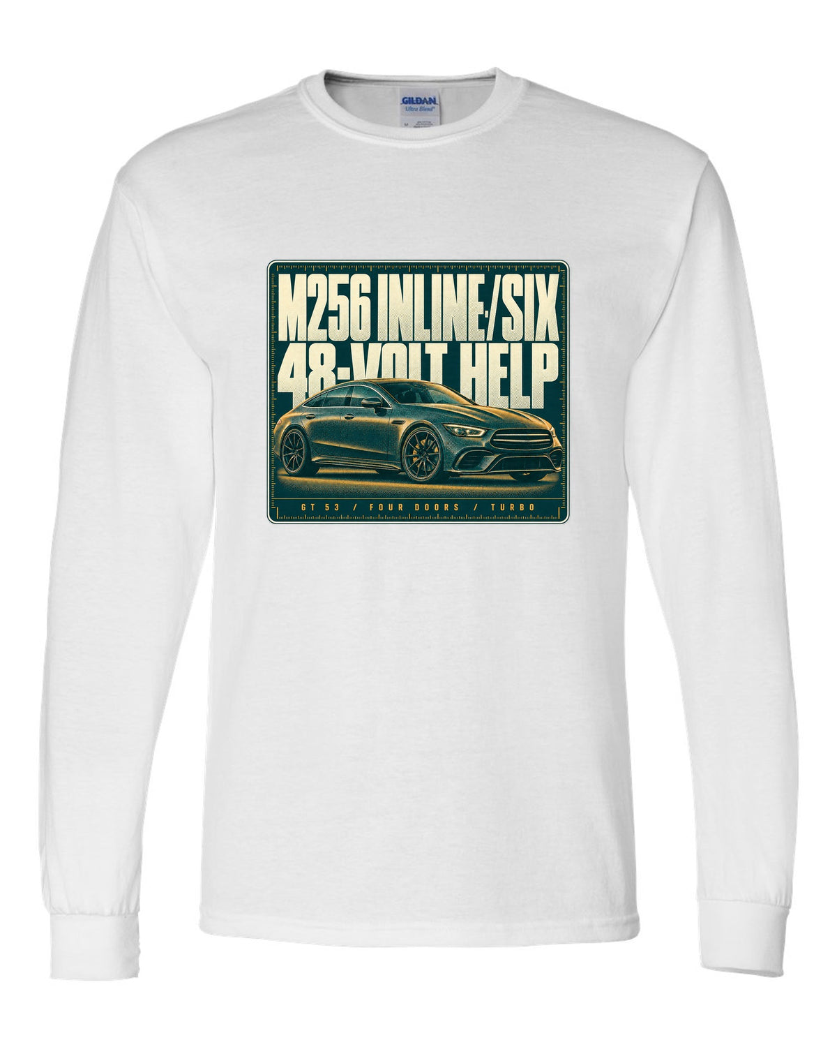 Mercedes-AMG GT 53 4-Door X290 teal and amber halftone print white long sleeve front view with the design