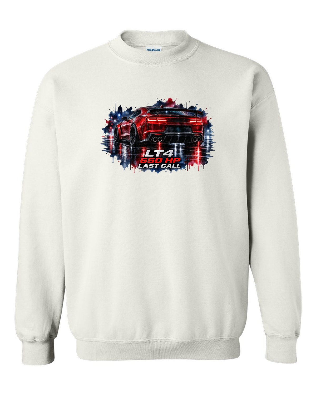 2023 Camaro ZL1 on a wet night road in watercolour style with LT4 650 HP Last Call text white crewneck front view with the design