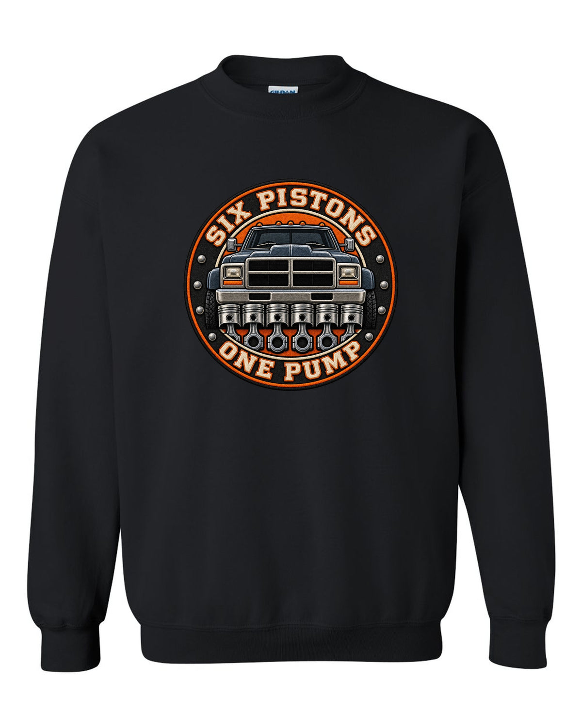 Round varsity crest print for a 1994-1998 Dodge Ram 2500 12V Cummins black crewneck front view with the design
