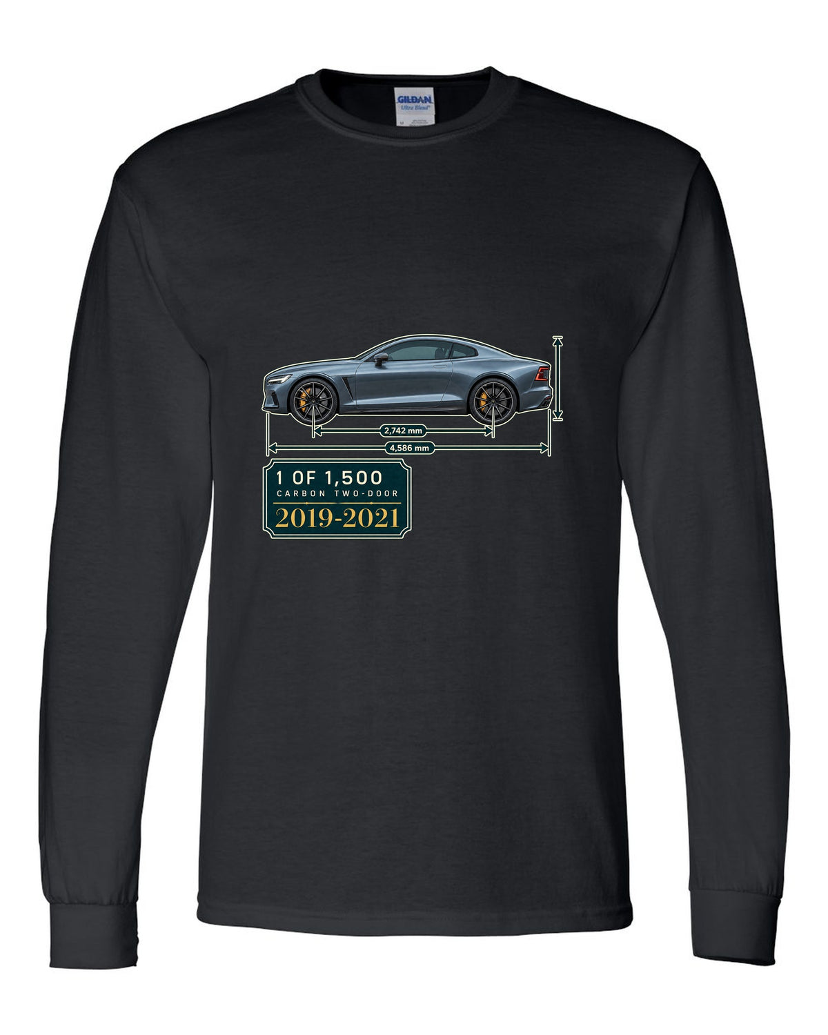 Polestar 1 archive panel print showing 1 of 1,500 carbon two-door black long sleeve front view with the design