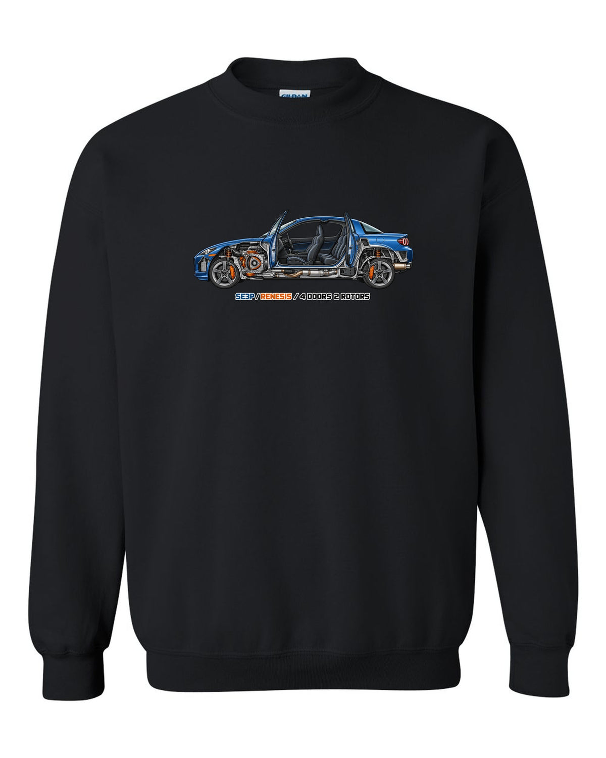 Technical cutaway illustration of the Mazda RX-8 SE3P with RENESIS and 4 DOORS 2 ROTORS lettering black crewneck front view with the design