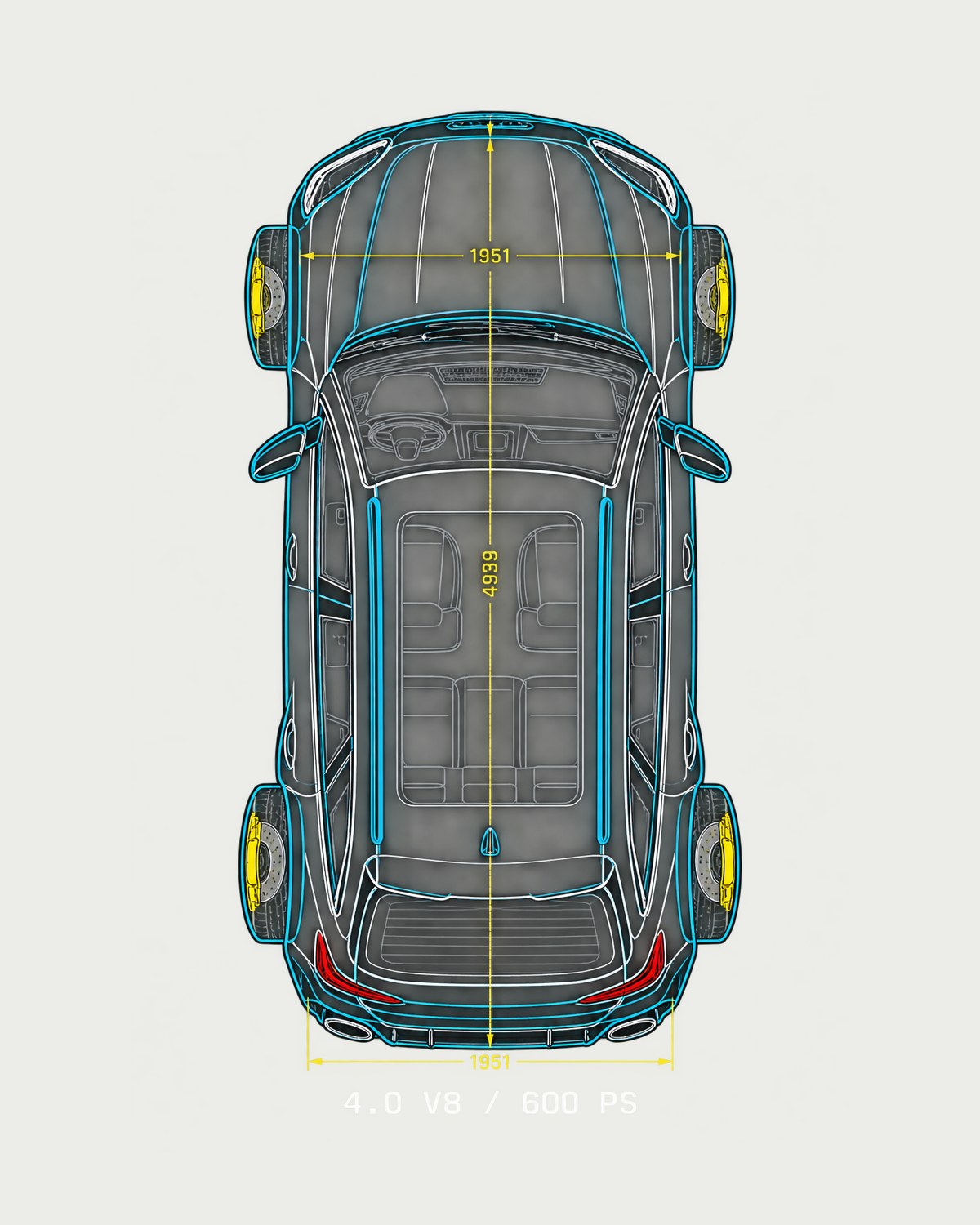 Audi RS6 Avant C8 Top-Down Blueprint Tee, 4.0 V8 600 PS design only