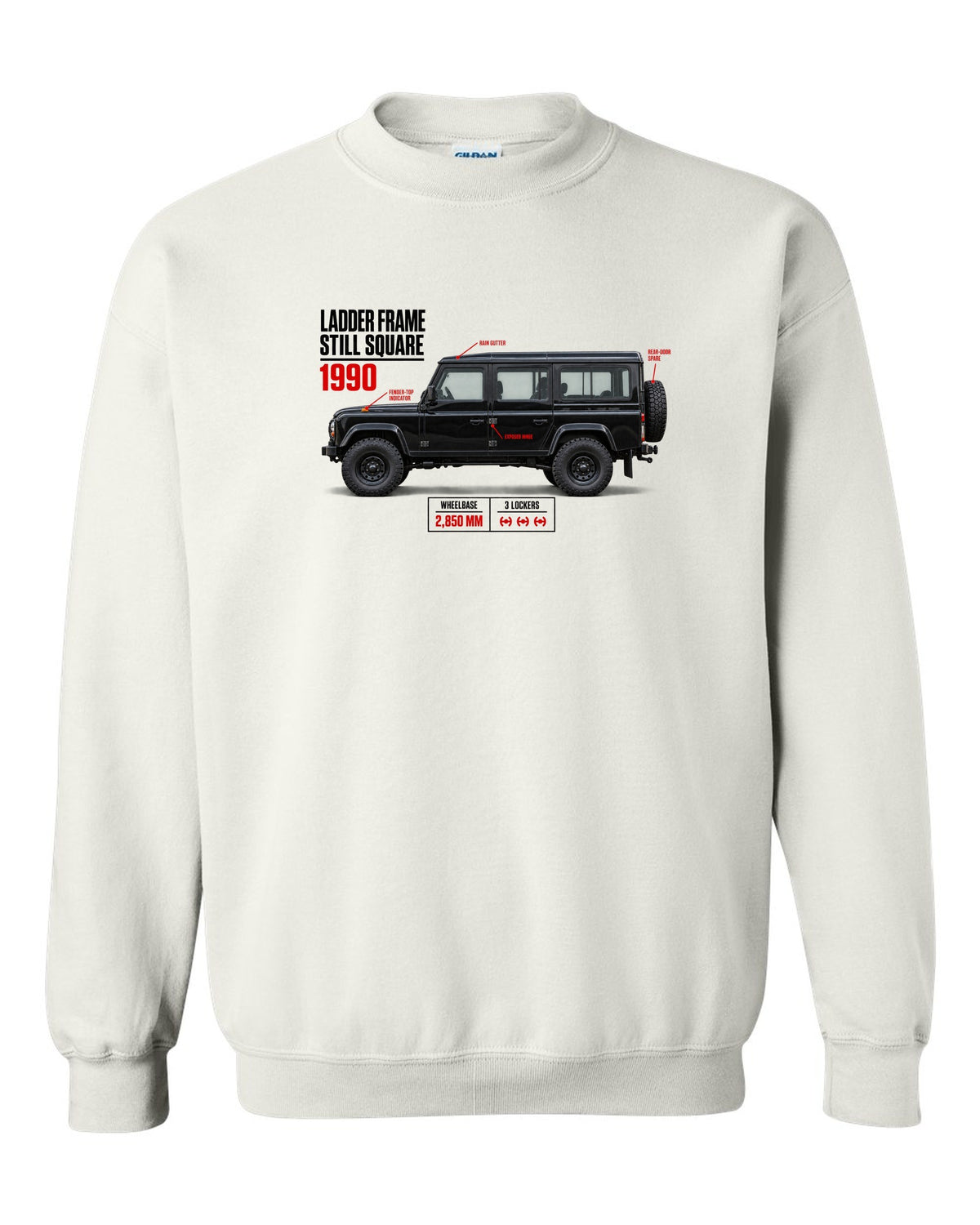 print spec poster of a Mercedes G-Class W463 with text ladder frame, 1990, still square white crewneck front view with the design