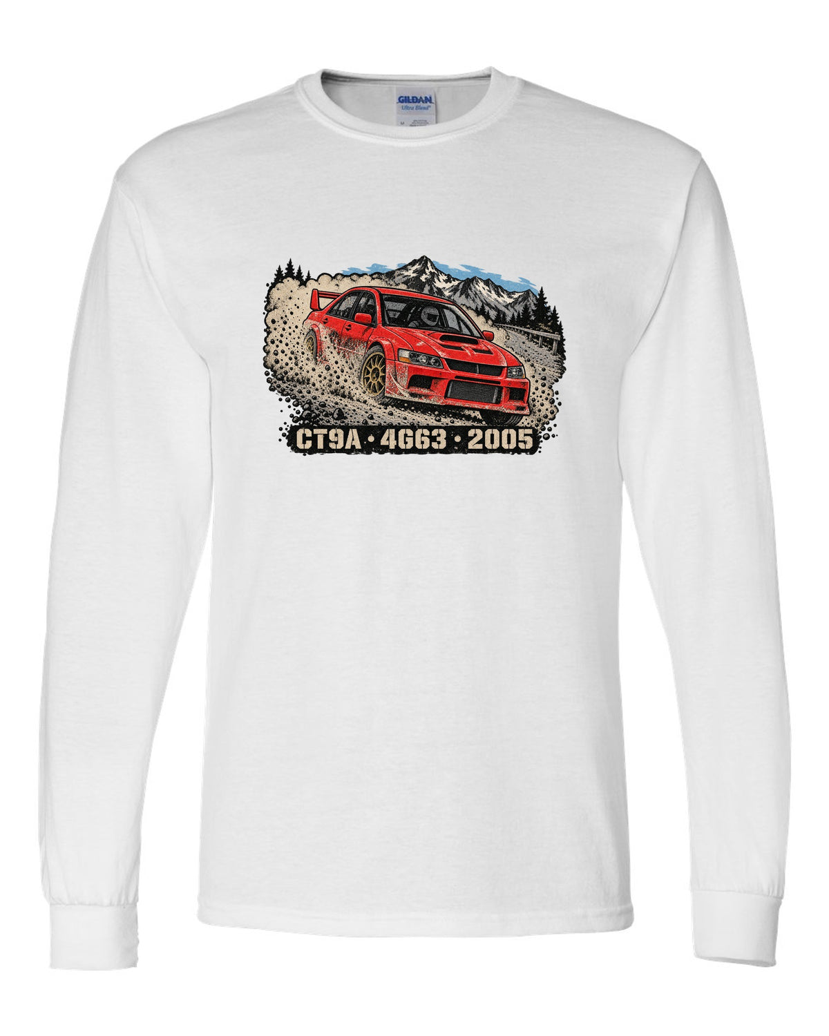 Distressed screenprint print of a Mitsubishi Lancer Evolution IX CT9A on gravel with CT9A 4G63 2005 lettering white long sleeve front view with the design