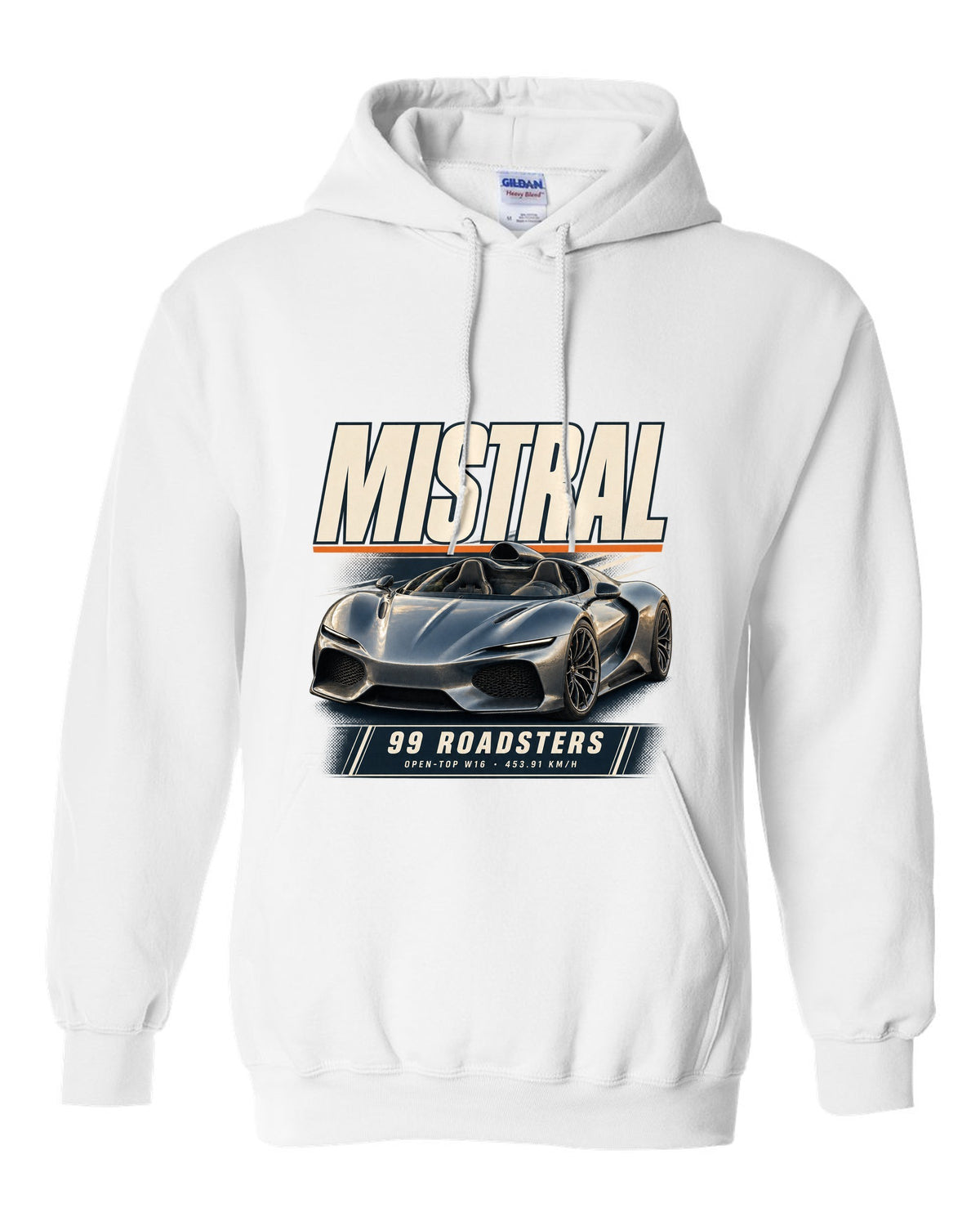 Editorial headline poster of the Bugatti Mistral open-top roadster, print white pull over hoodie front view with the design