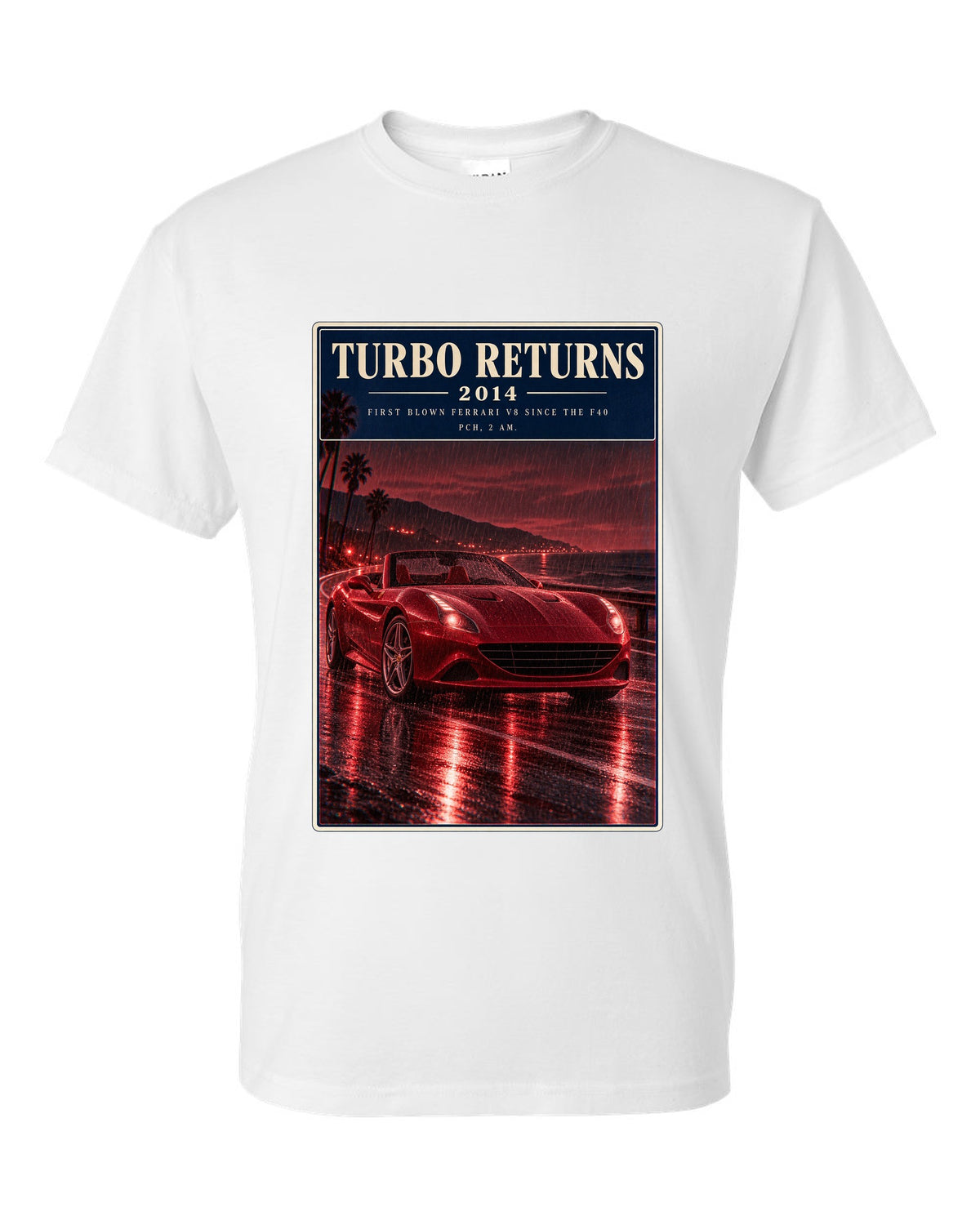 Red monochrome night street print of the Ferrari California T white t-shirt front view with the design