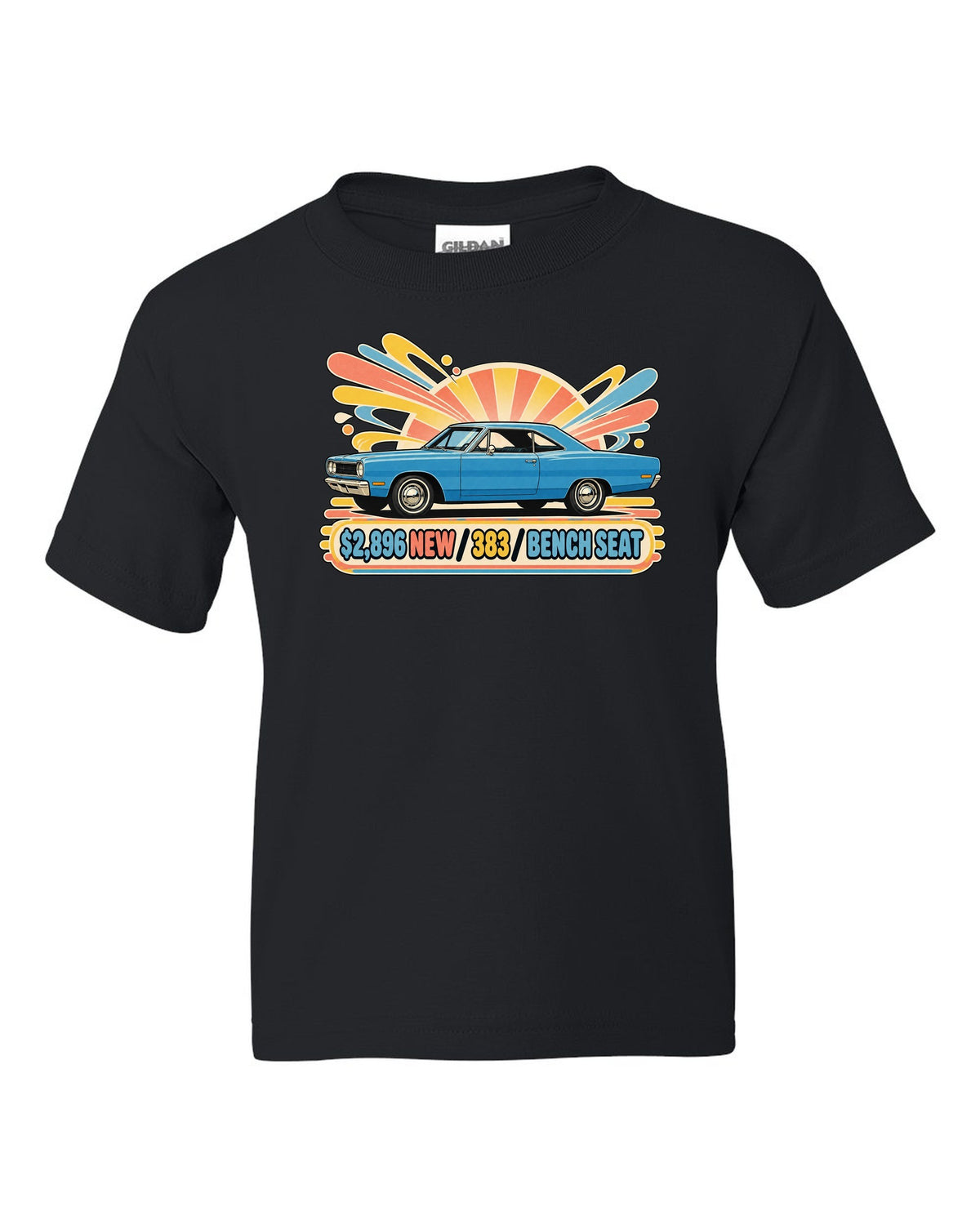 Retro Japanese showa catalogue ad of a 1968 Plymouth Road Runner with price 383 and bench seat text black kids tee front view with the design