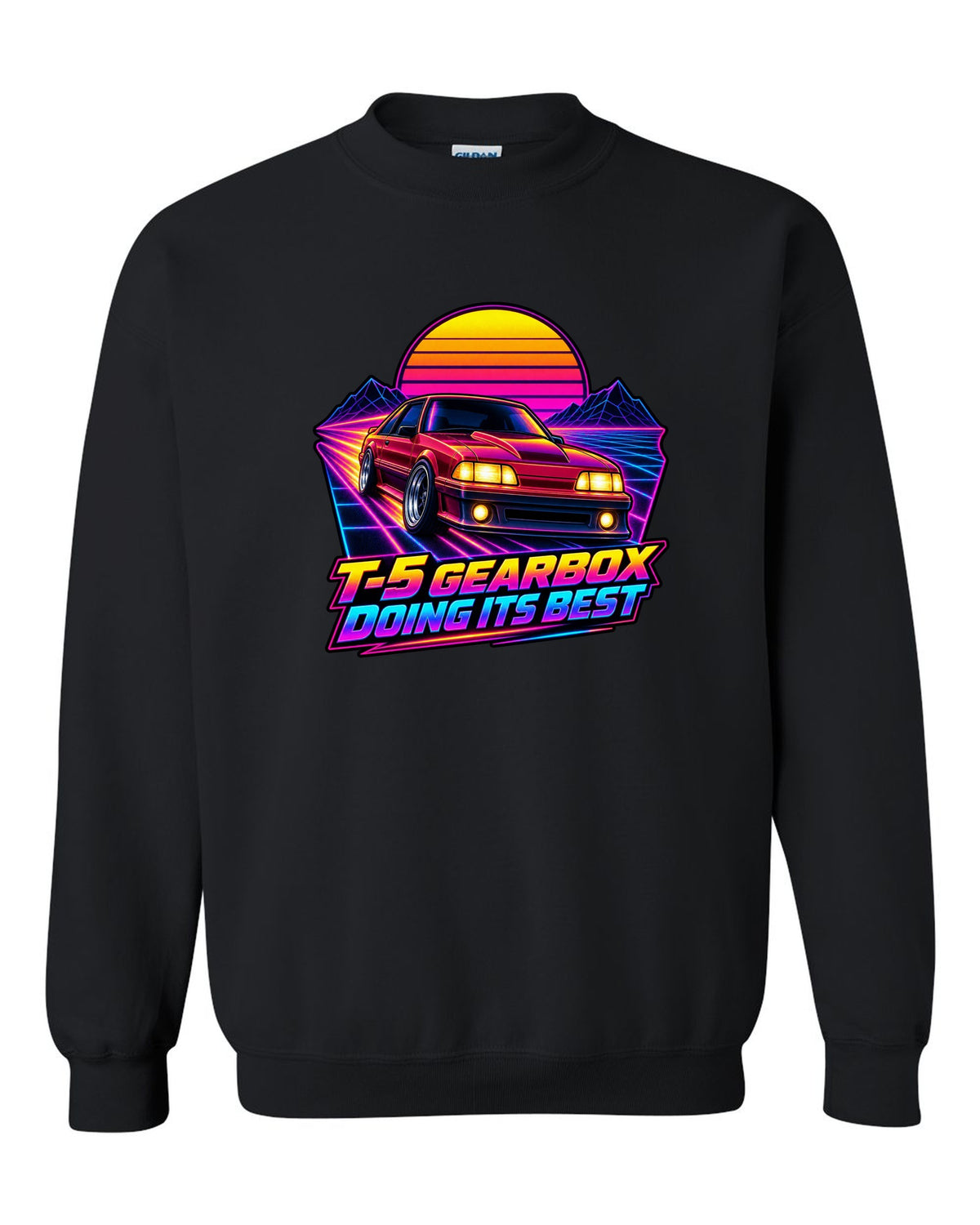 Synthwave sunset grid print of a Ford Mustang Fox Body GT with T-5 gearbox text black crewneck front view with the design