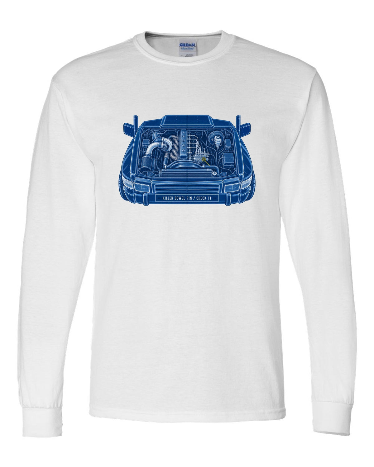 Cyanotype blueprint print of a 1994-1998 Dodge Ram 12V 5.9 Cummins engine bay white long sleeve front view with the design