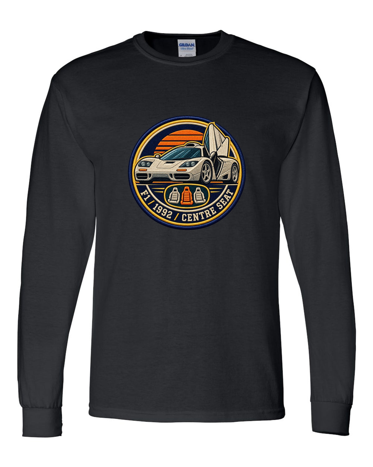 Embroidery varsity crest print for the McLaren F1 with F1, 1992 and Centre Seat lettering black long sleeve front view with the design
