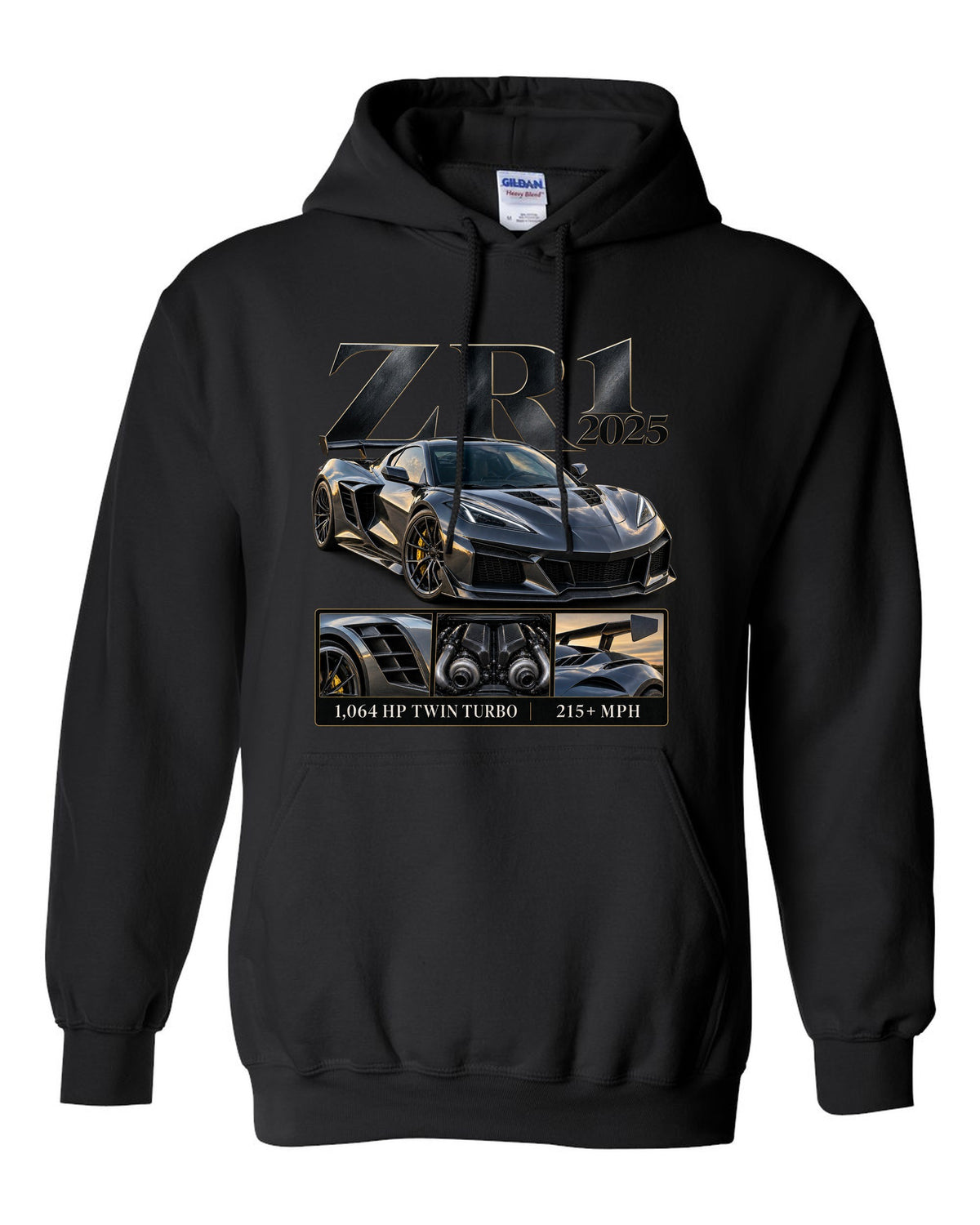 Corvette C8 ZR1 2025 with large fender vents, archive panel black pull over hoodie front view with the design