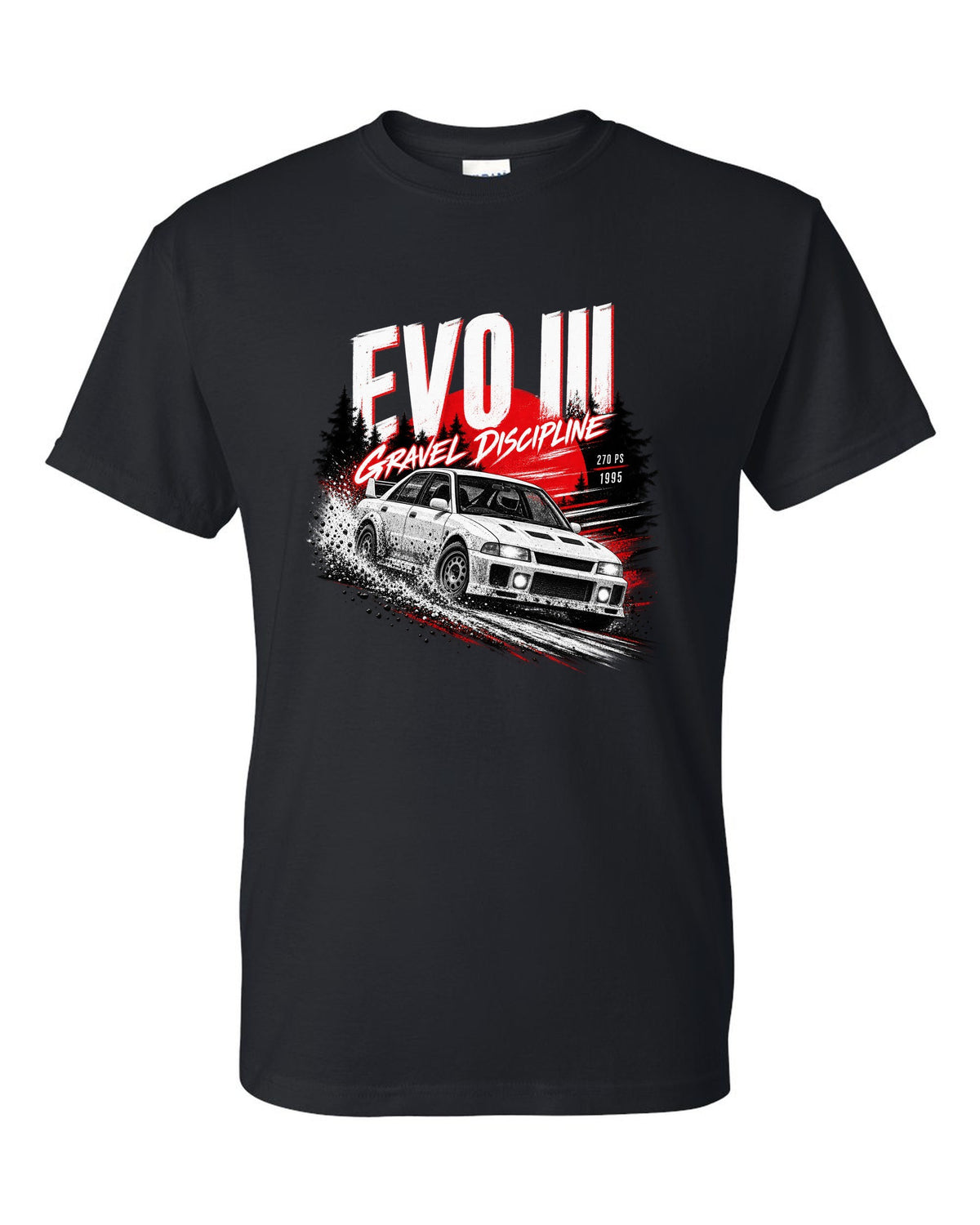 Night gravel road print for the Mitsubishi Lancer Evolution III CE9A reading Gravel Discipline, 270 PS, 1995 black t-shirt front view with the design