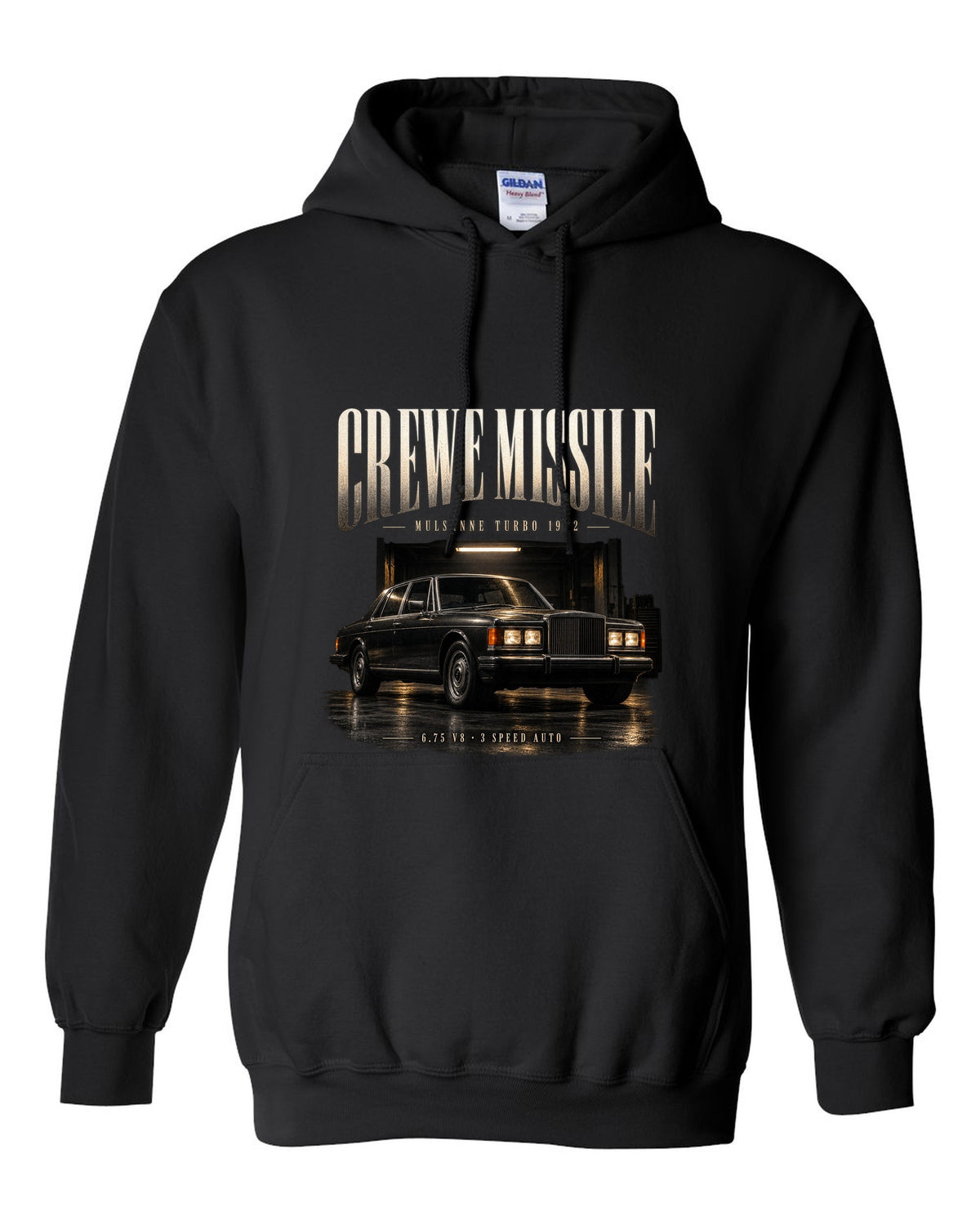 Bentley Mulsanne Turbo 1982 in a garage at night black pull over hoodie front view with the design