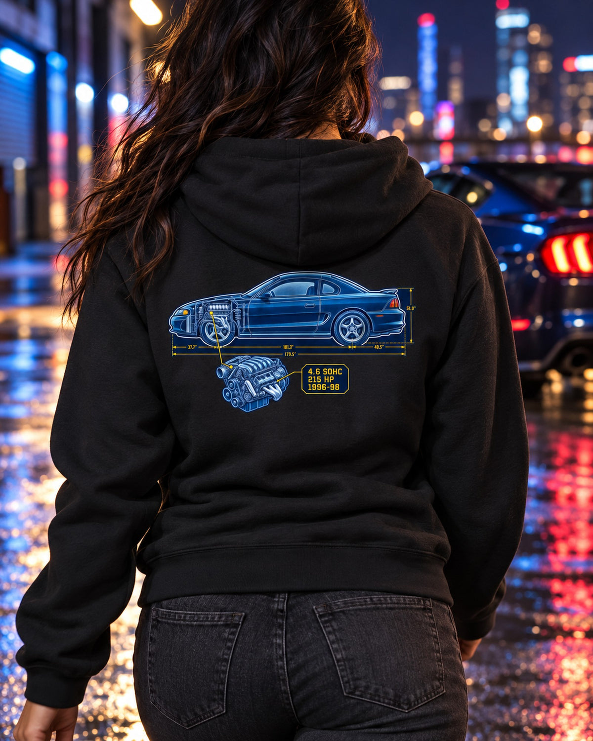 Ford Mustang SN95 Coupe Cyanotype Draft Shirt, 1996-98 4.6 Zip Hoodie Black worn hero