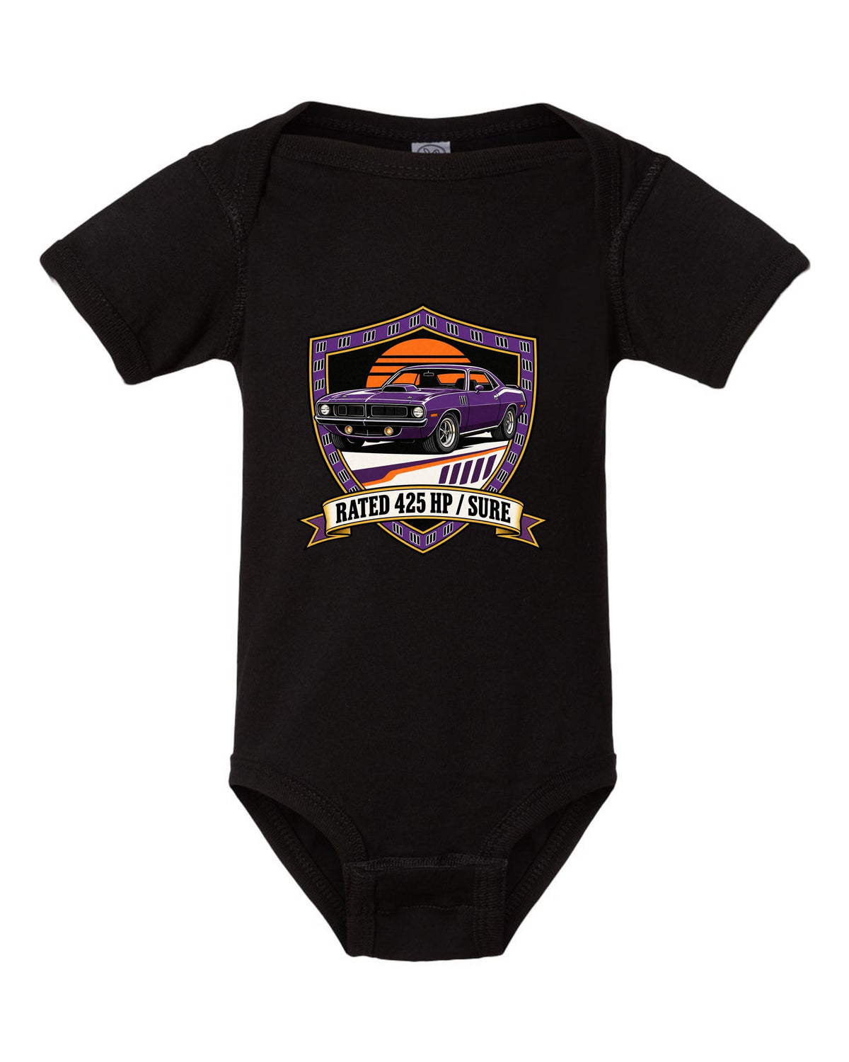 Original shield crest design for a 1970 Plymouth Hemi Cuda with rated 425 HP sure text black baby onesie front view with the design