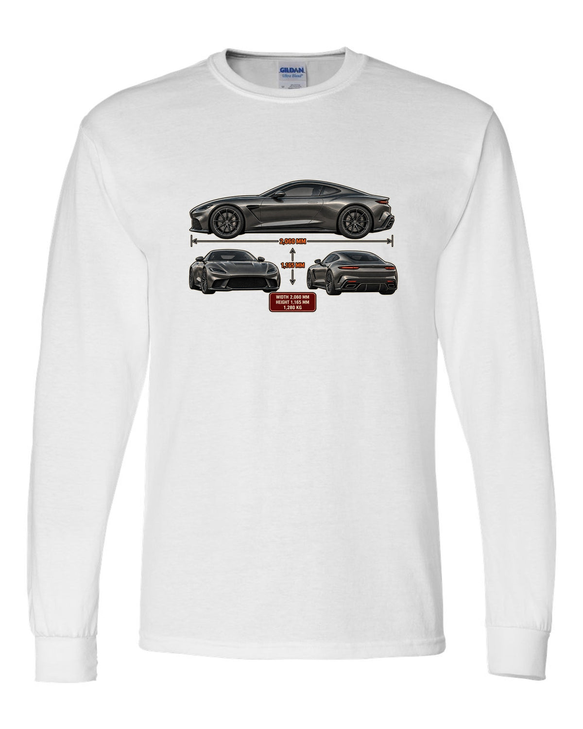 Three-view spec sheet print of the Pagani Utopia coupe with width 2,060 mm, height 1,165 mm, 1,280 kg white long sleeve front view with the design