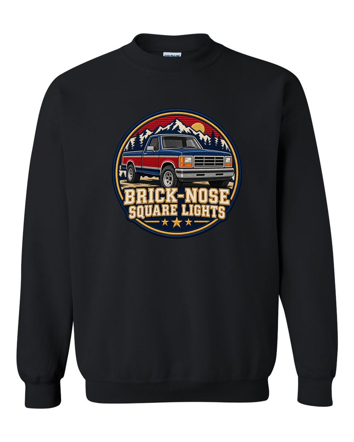 Shield crest print for a 1987-91 Ford F-150 Brick-Nose with square lights text black crewneck front view with the design