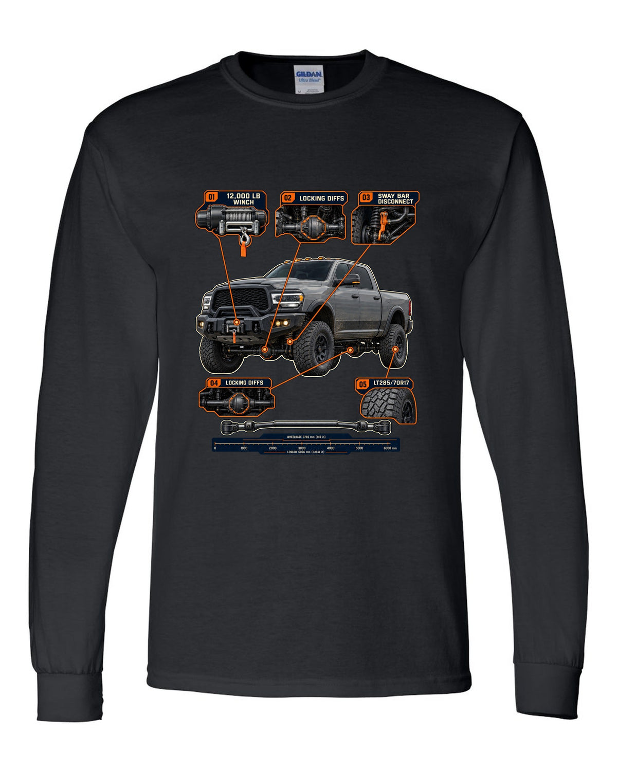 Ram 2500 Power Wagon callouts for winch, locking diffs and sway bar disconnect print black long sleeve front view with the design