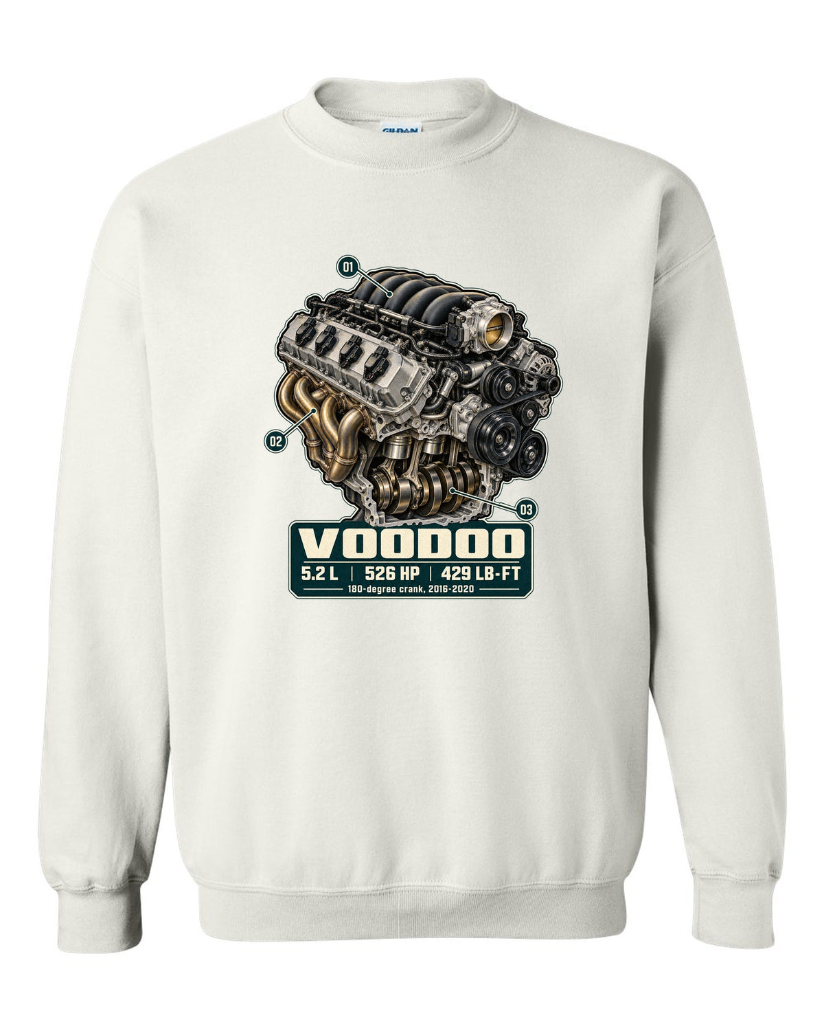 Ford Mustang S550 Shelby GT350 Voodoo 5.2 L engine hero print white crewneck front view with the design