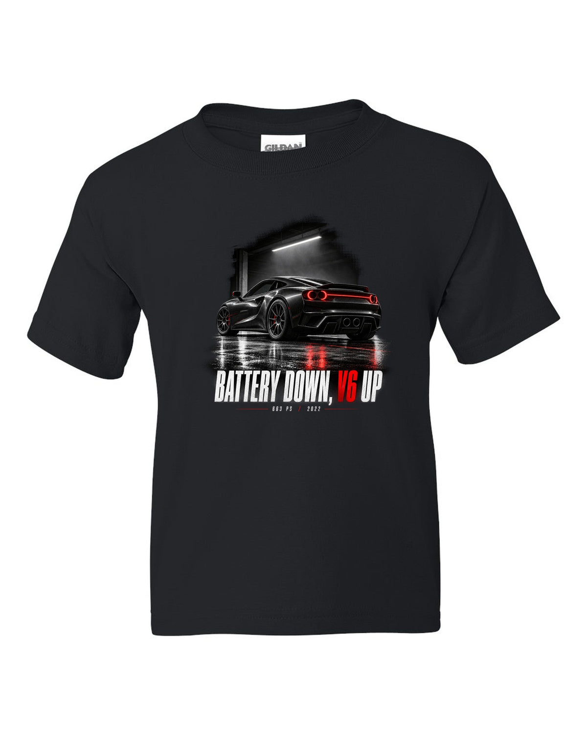Garage night print of a Ferrari 296 GTB with the text Battery Down, V6 Up, 663 PS, 2022 black kids tee front view with the design