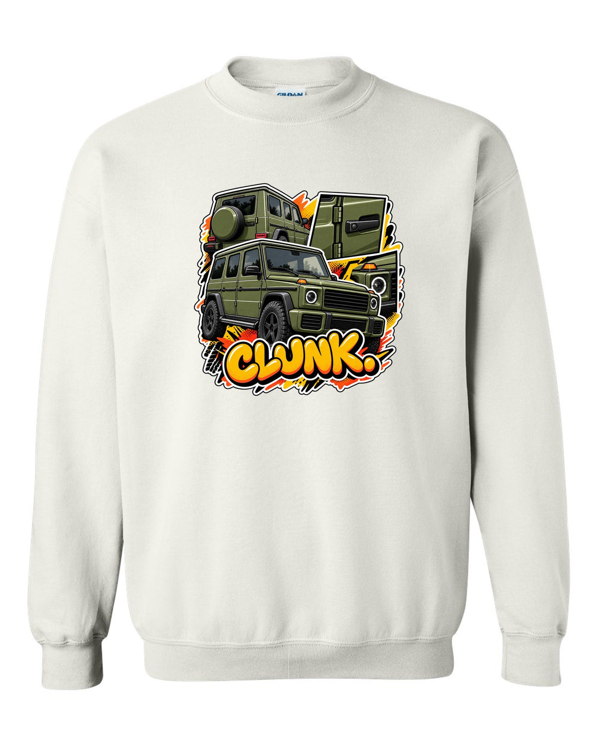 Stencil spray street art graphic of a Mercedes G63 W464 with round headlights, print white crewneck front view with the design
