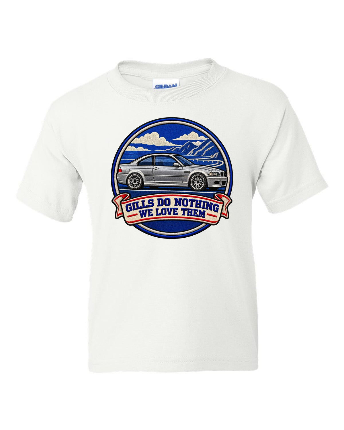 Varsity crest style print of a BMW E46 M3 coupe with gills do nothing we love them text white kids tee front view with the design