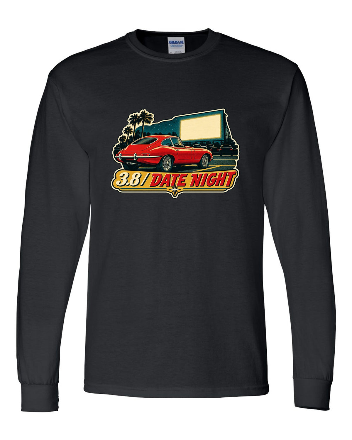 Jaguar E-Type Series 1 vintage race poster with 3.8 DATE NIGHT lettering black long sleeve front view with the design