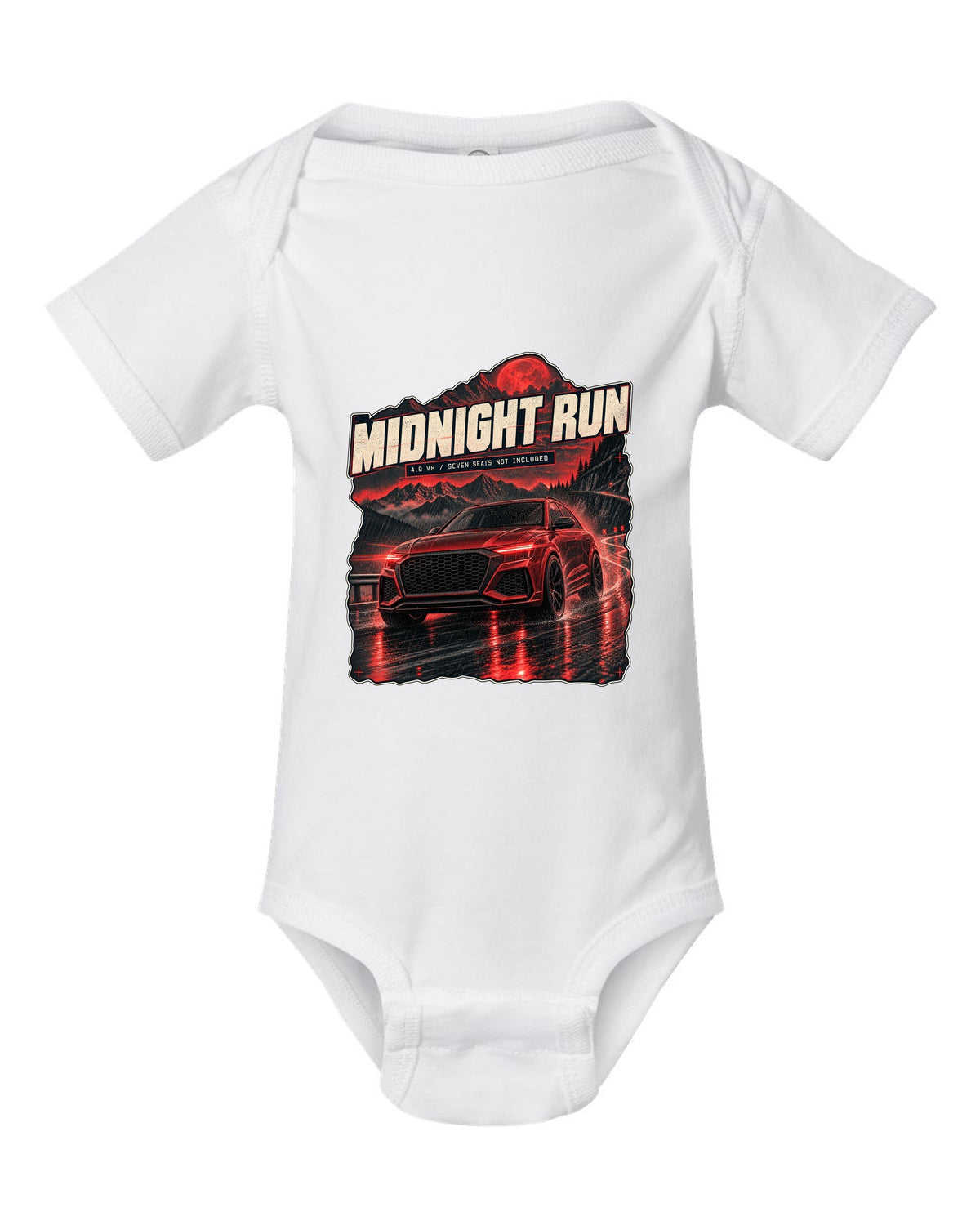 Audi RS Q8 night street scene print with midnight run text white baby onesie front view with the design