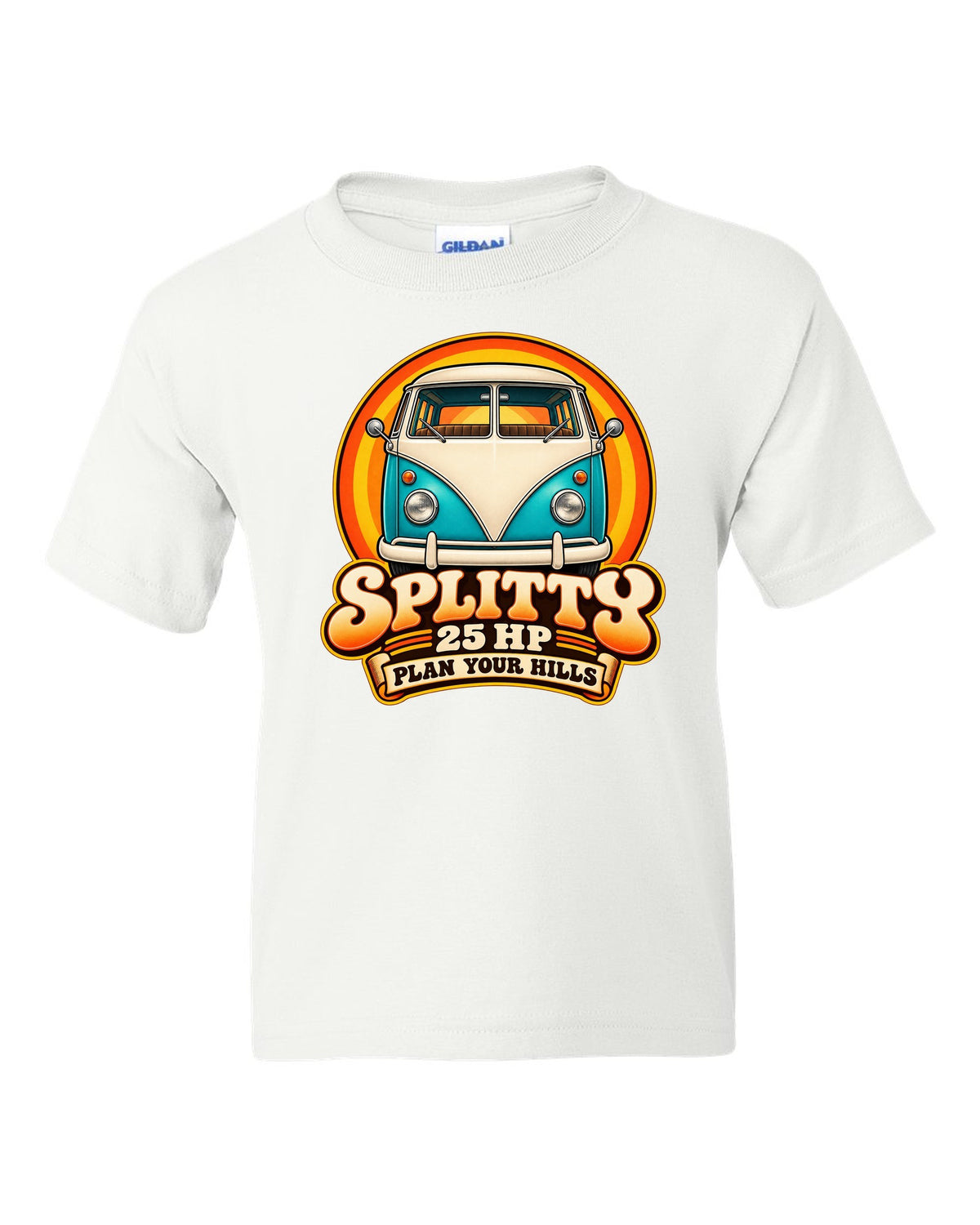 80s airbrush chrome style VW Bus T1 Type 2 Splitty with 25 HP plan your hills text white kids tee front view with the design