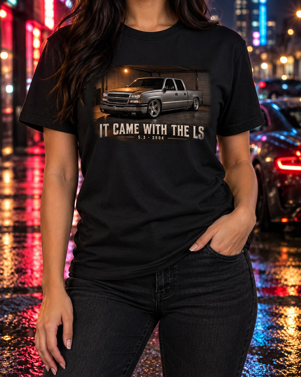 2004 Silverado NBS Facelift Garage Night Tee, 5.3 LS T-Shirt Black worn hero