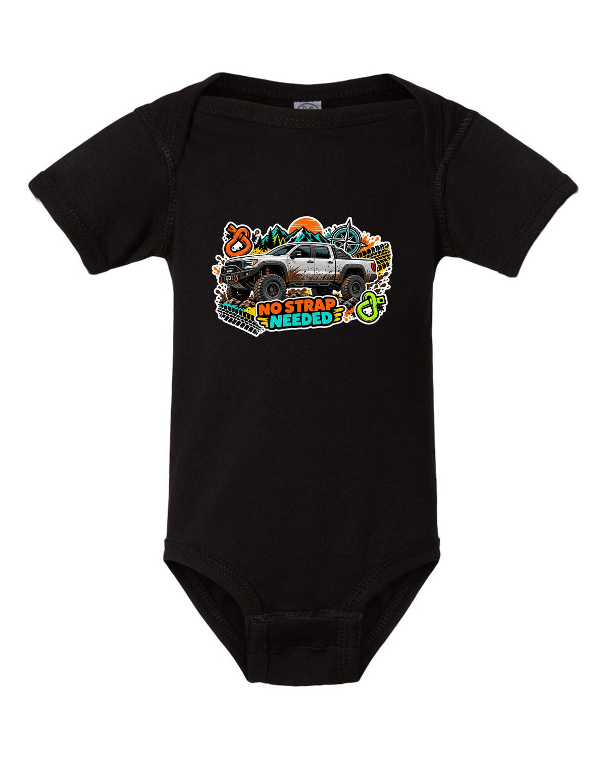 Sticker bomb collage print of a Ram Power Wagon 2500 4x4 with No Strap Needed text black baby onesie front view with the design