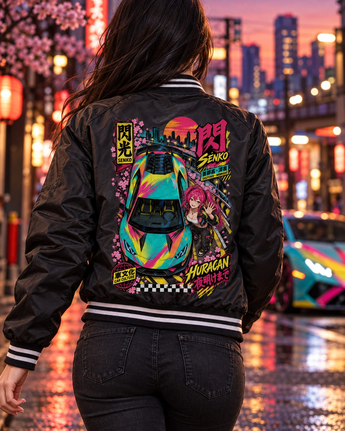 SENKO HURACAN Anime Girl Full-Back Graphic Tee Bomber Jacket Black worn hero