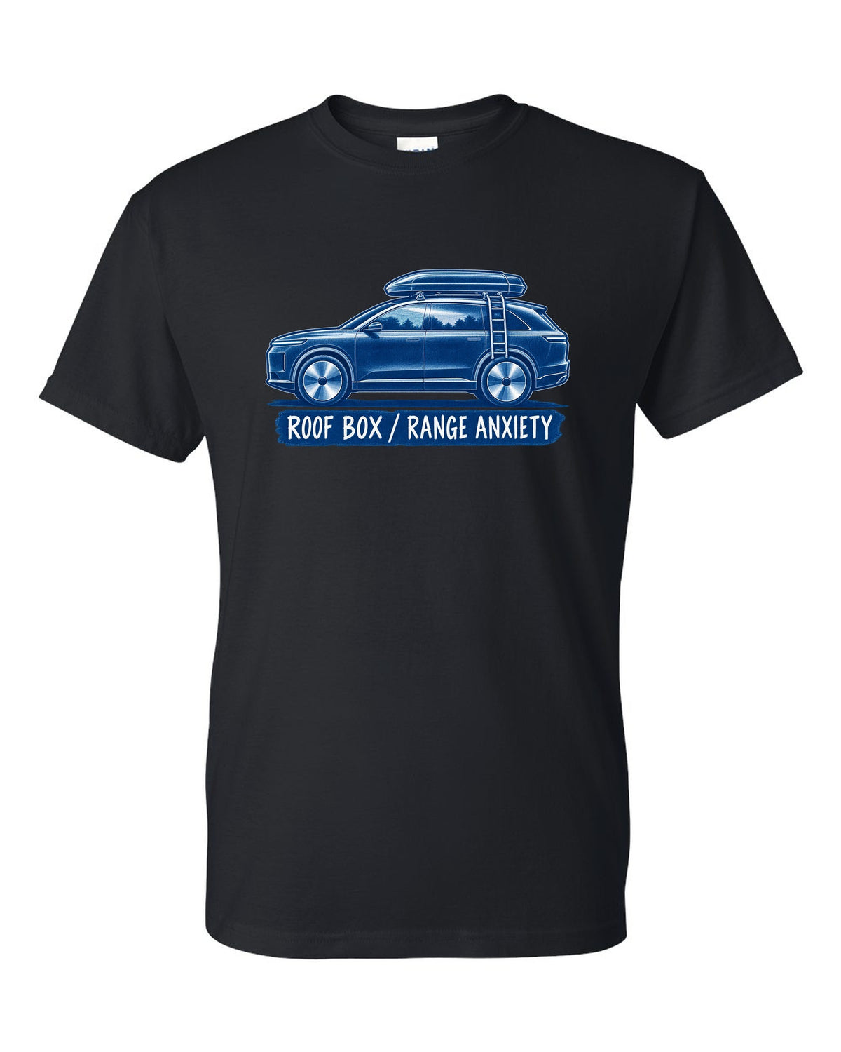 Lucid Gravity white-on-blue cyanotype print with the text roof box range anxiety black t-shirt front view with the design