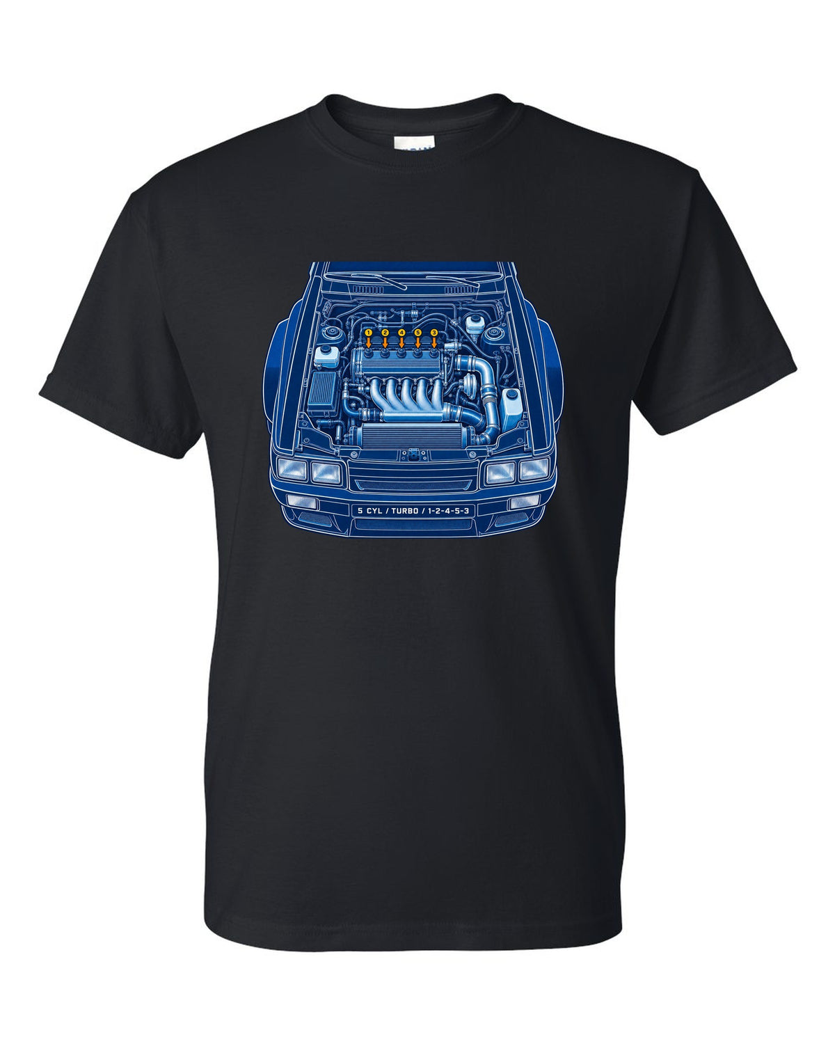 Cyanotype blueprint print of an Audi Ur-Quattro Type 85 with firing order text black t-shirt front view with the design
