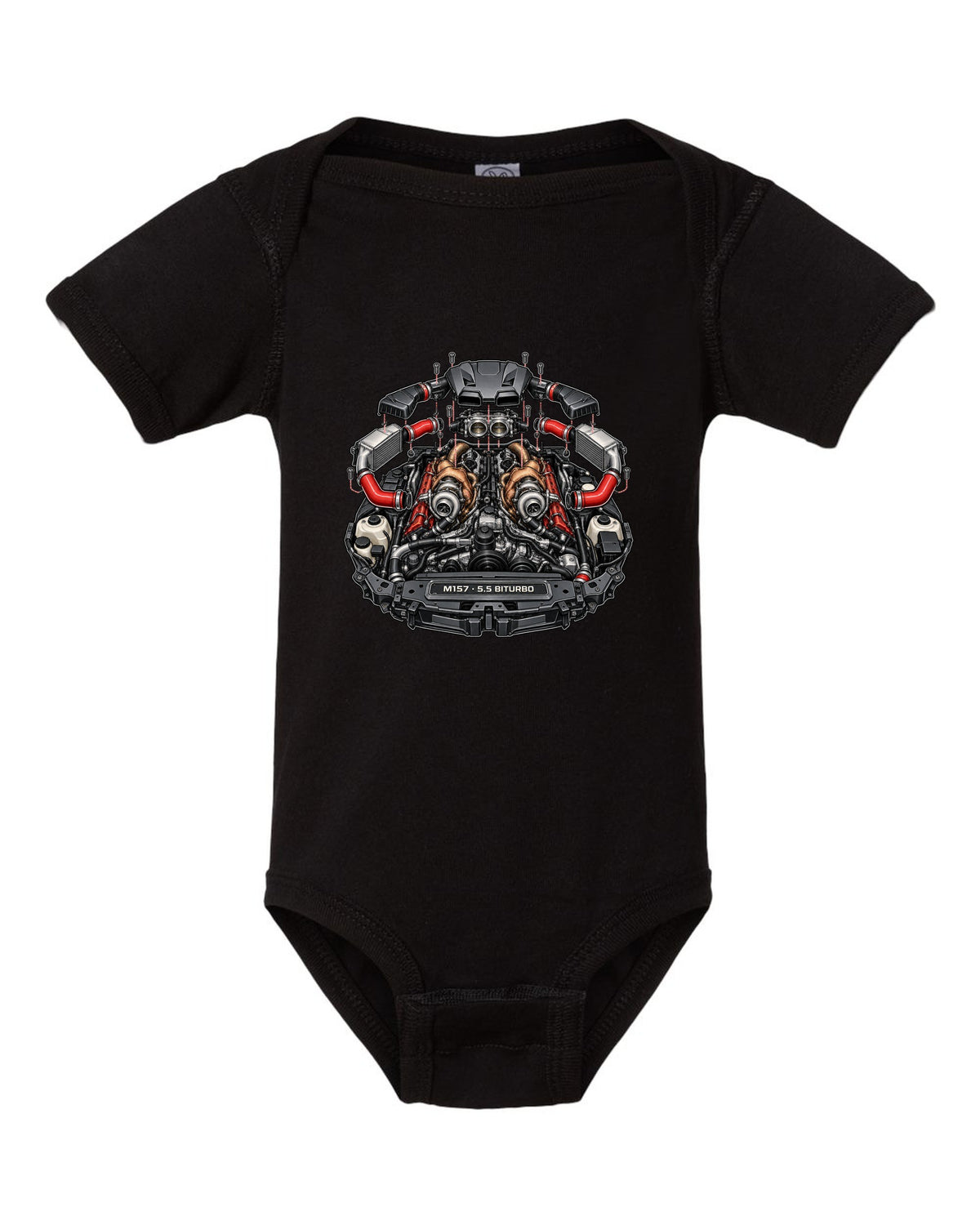 Hand-painted anime mountain road with a Mercedes E63 AMG Wagon S213 drifting black baby onesie front view with the design