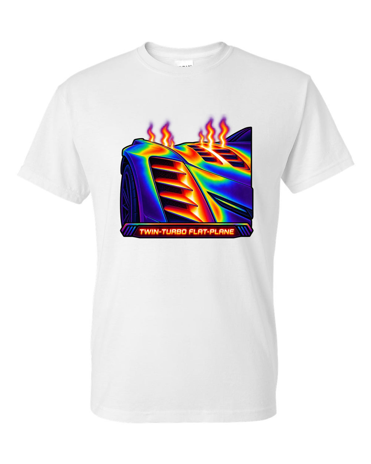 Infrared thermal gradient print of a fender vent on a 2025 Chevrolet Corvette C8 ZR1 with Twin-Turbo Flat-Plane text white t-shirt front view with the design